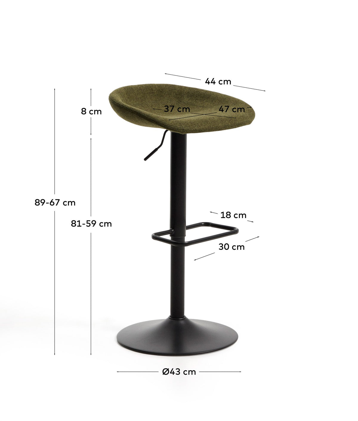 Runder Hocker mit grünem Chenillebezug, schwarzem Stahlfuss und rechteckiger Fussablage, Sitzhöhe verstellbar von 68 bis 89 cm.