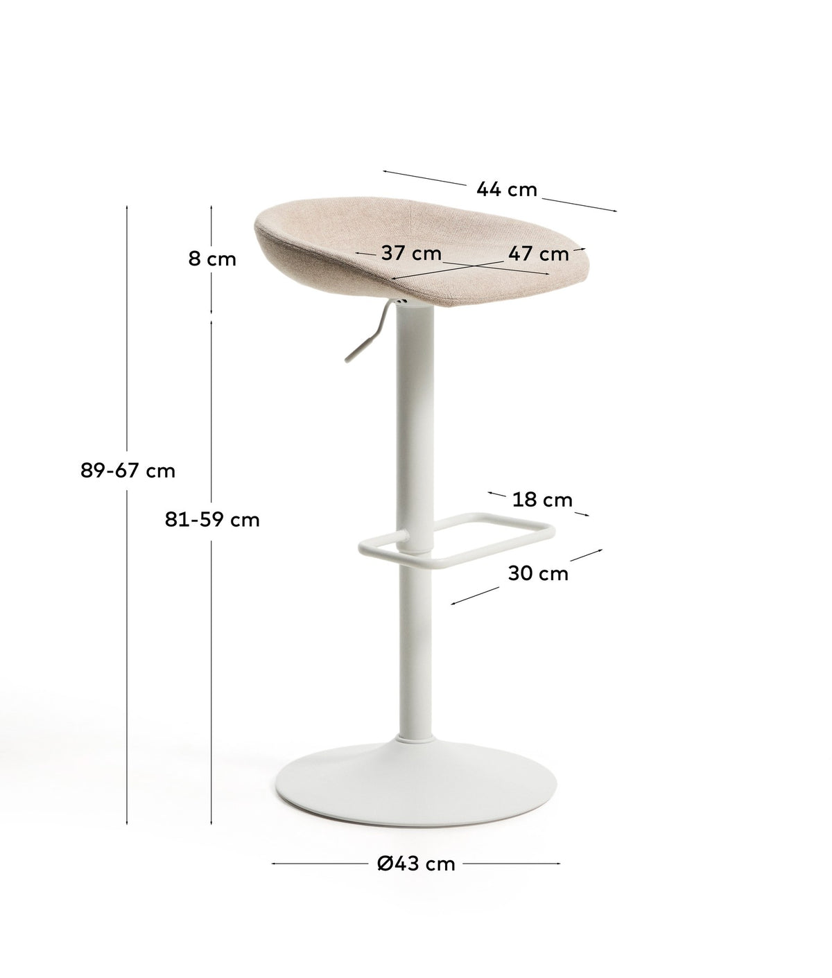 Runder Hocker mit beigem Chenillebezug, gepolstertem Sitz und mattweissem Stahlgestell mit rundem Fussring, freigestellt fotografiert.