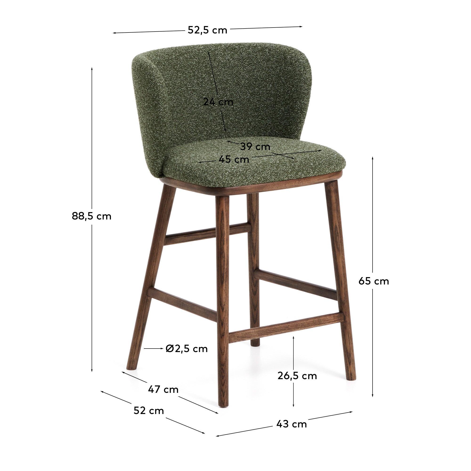 Stilvoller Hocker Ciselia in tiefgrünem Chenille, mit robusten Eschenholzbeinen in Walnussholzoptik, ideal für moderne Barbereiche.