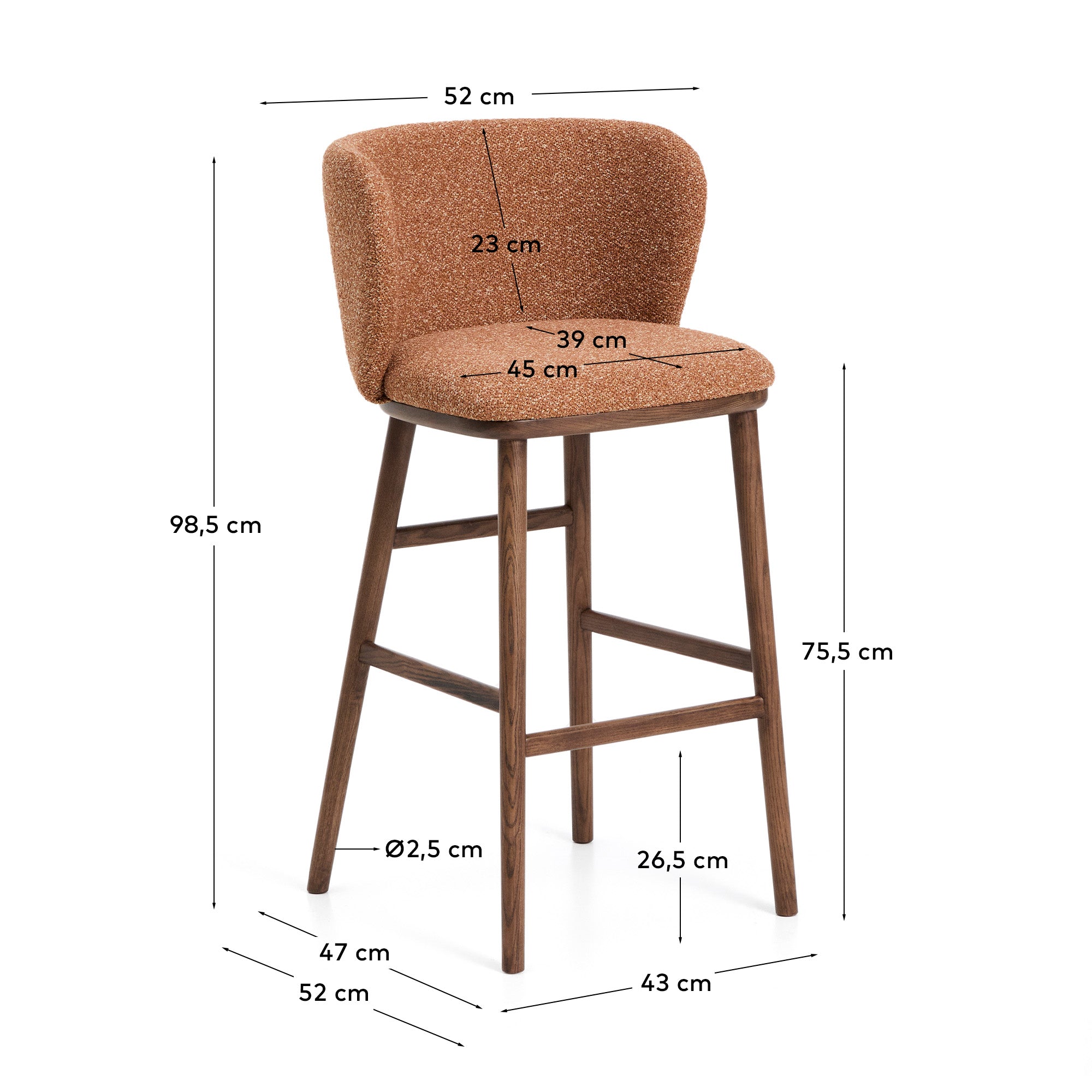Stylischer Hocker Ciselia in warmem Terrakotta-Chenille, mit robusten Eschenholzbeinen in edler Walnussholz-Färbung, perfekt für moderne Barbereiche.