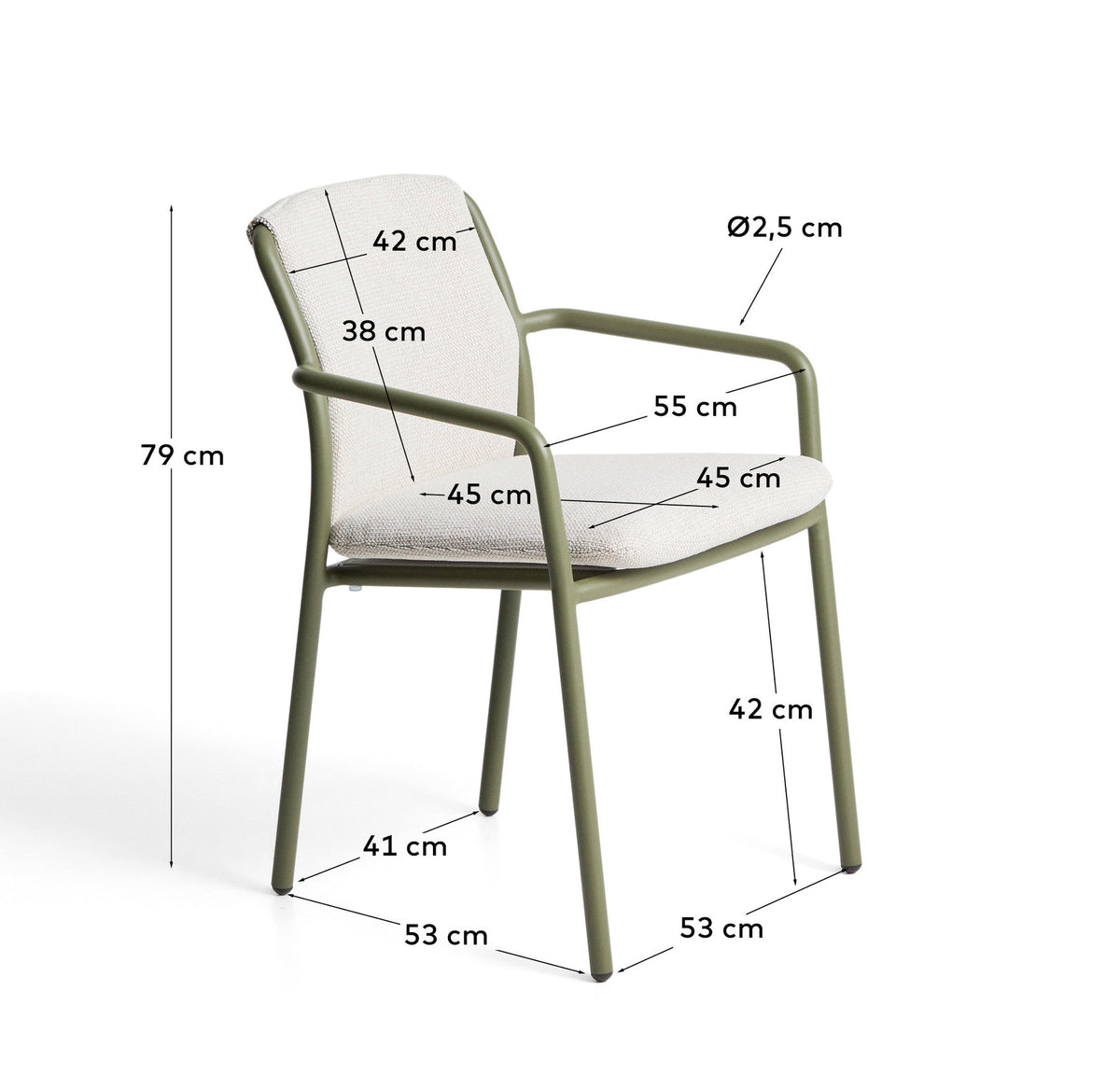 Stapelbarer Outdoor-Stuhl Linosa aus Aluminium in Grün mit beigem Kissen in Grün, Hellgrün, Beige präsentiert im Onlineshop von KAQTU Design AG. Gartenstuhl ist von Kave Home
