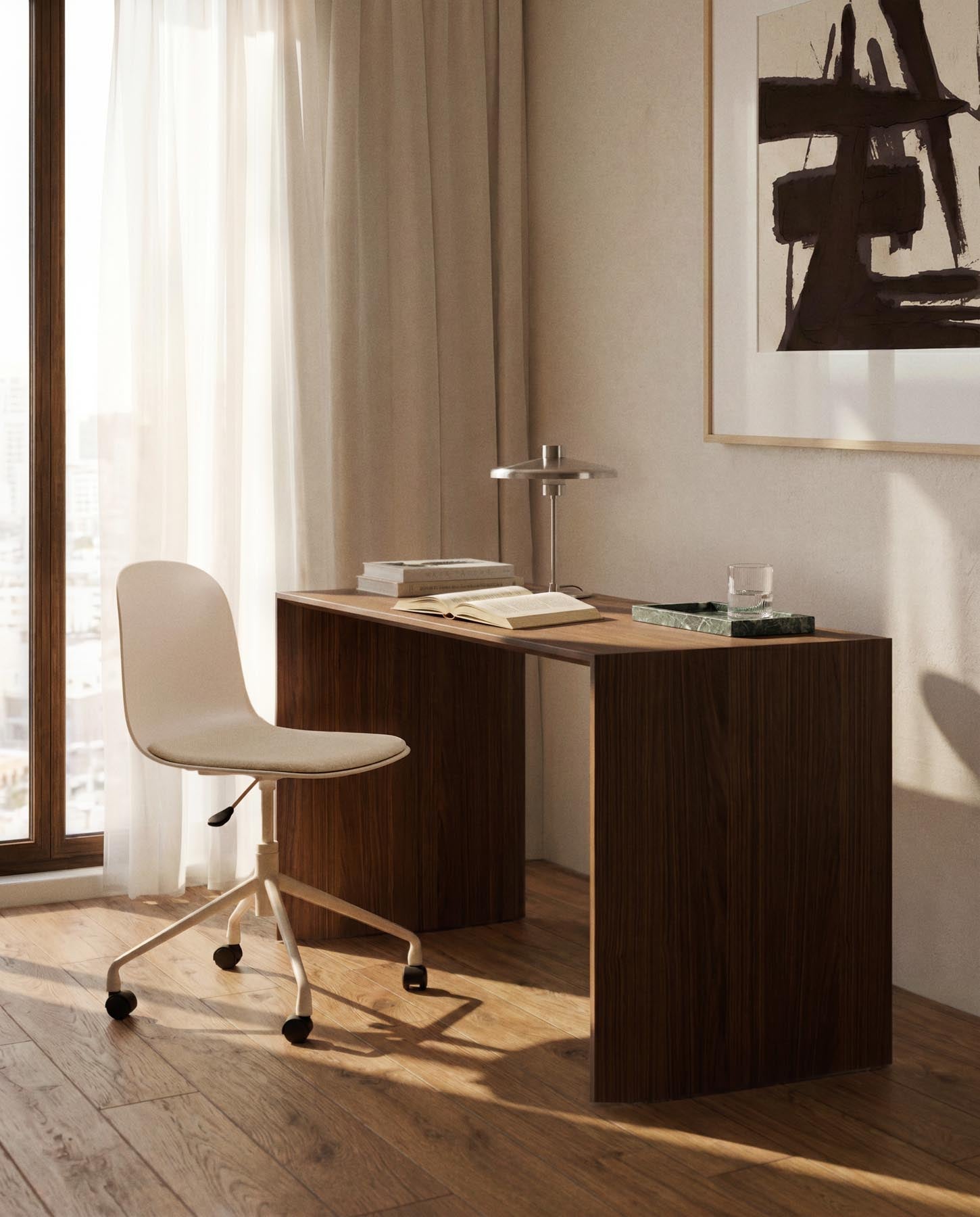 Schreibtischstuhl Debari mit Chenille-Kissen und Stahlbeinen mit braunem Finish  in Braun präsentiert im Onlineshop von KAQTU Design AG. Bürostuhl ist von Kave Home