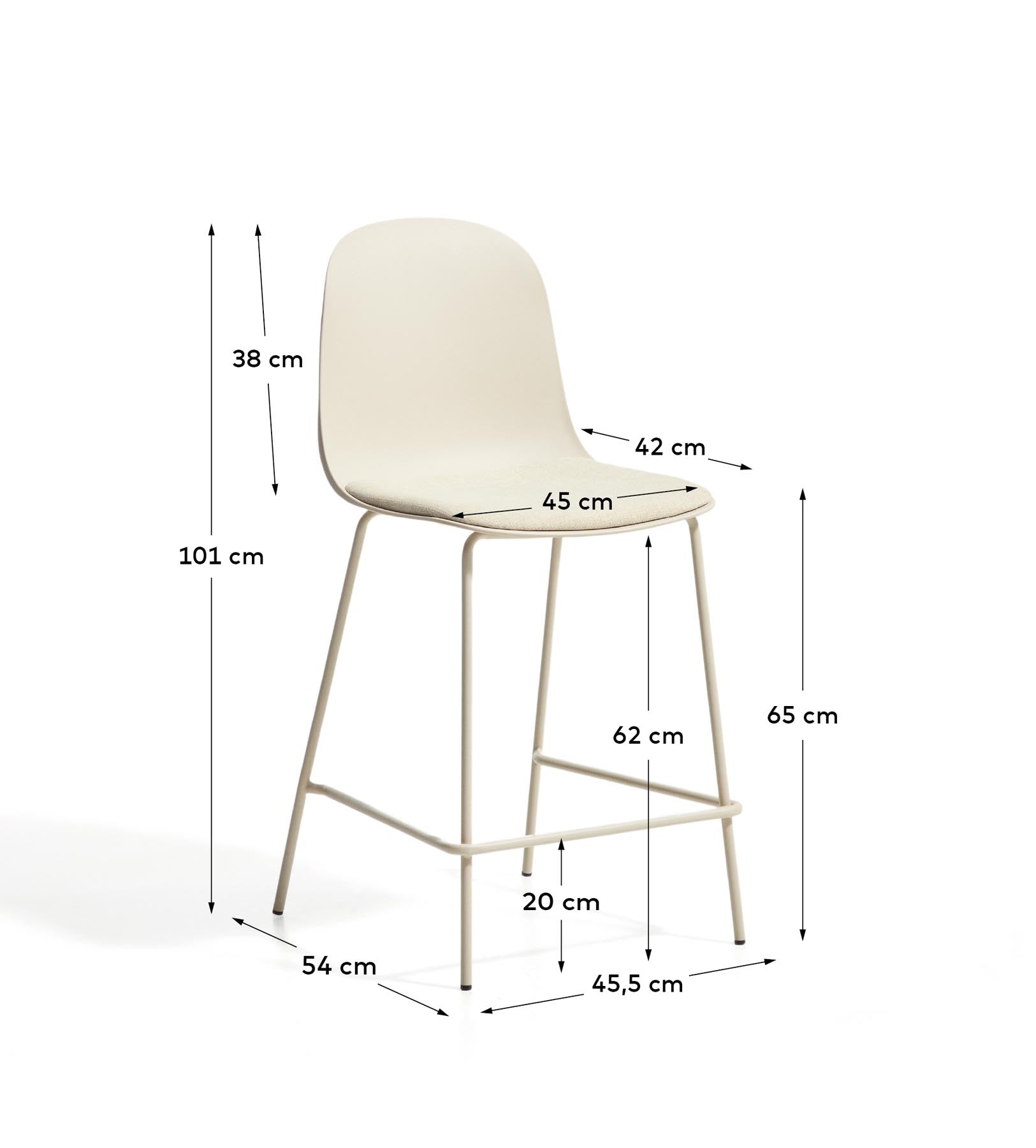 Hocker Debari mit Chenille-Kissen und Stahlbeinen mit beigem Finish, 65 cm in Beige präsentiert im Onlineshop von KAQTU Design AG. Barhocker ist von Kave Home