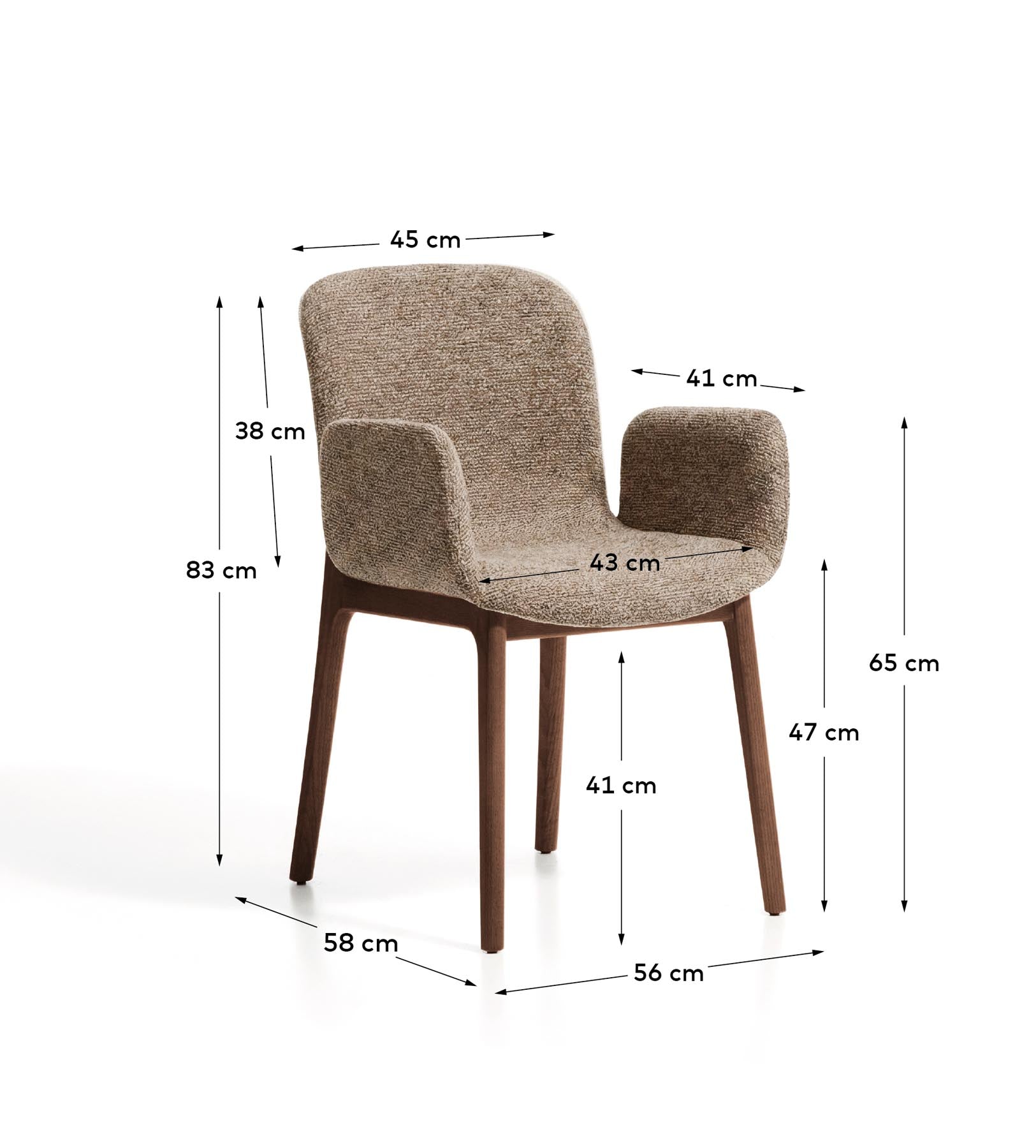 Stuhl Elnor mit Armlehnen aus brauner Chenille und Beinen aus massivem Eichenholz mit Nussbaum-Finish in Braun präsentiert im Onlineshop von KAQTU Design AG. Stuhl ist von Kave Home