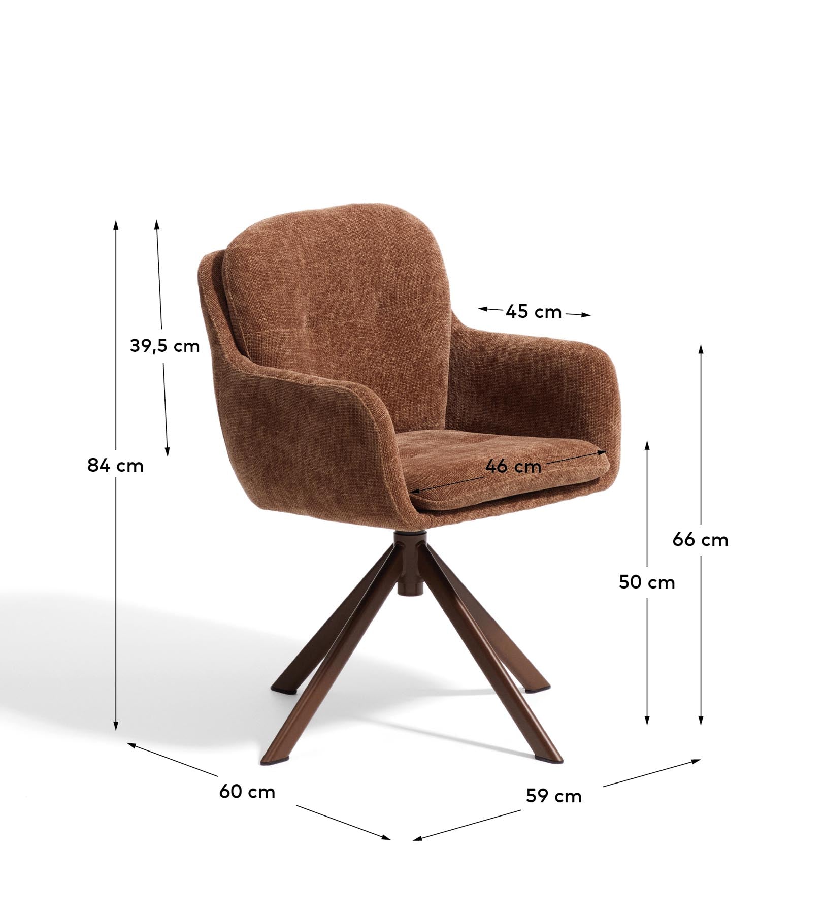 Drehstuhl Lexa aus karamellfarbener Chenille und Stahlbeinen mit karamellfarbenem Finish in Terrakotta präsentiert im Onlineshop von KAQTU Design AG. Drehstuhl ist von Kave Home
