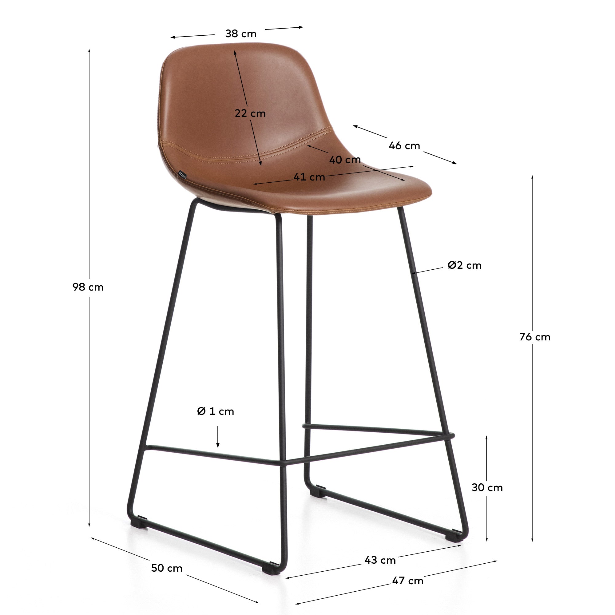 Hocker Zahara mit braunem Polyurethan und Stahlbeinen mit schwarzem Finish, 76 cm, FSC 100 % in Braun präsentiert im Onlineshop von KAQTU Design AG. Barhocker ist von Kave Home