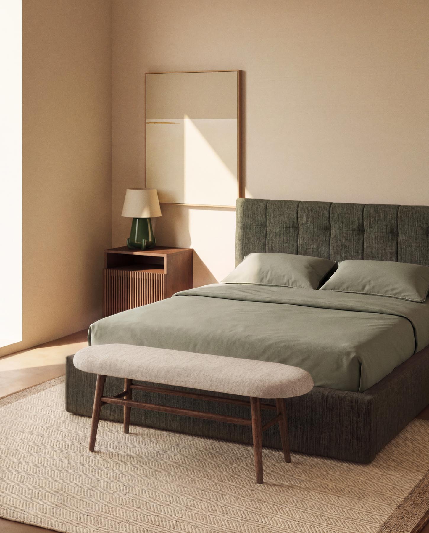Bank Helda in grüner Chenille und massivem Eichenholz mit Nussbaumfinish, FSC Mix Credit, 122 cm  in Braun präsentiert im Onlineshop von KAQTU Design AG. Sitzbank ist von Kave Home