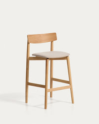 Sgabello Evera con schienale in impiallacciato rovere con finitura naturale e ciniglia beige, 65 cm