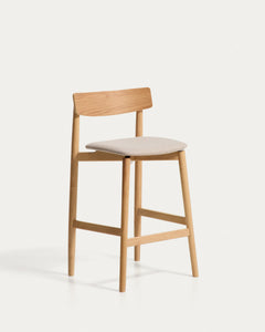 Sgabello Evera con schienale in impiallacciato rovere con finitura naturale e ciniglia beige, 65 cm