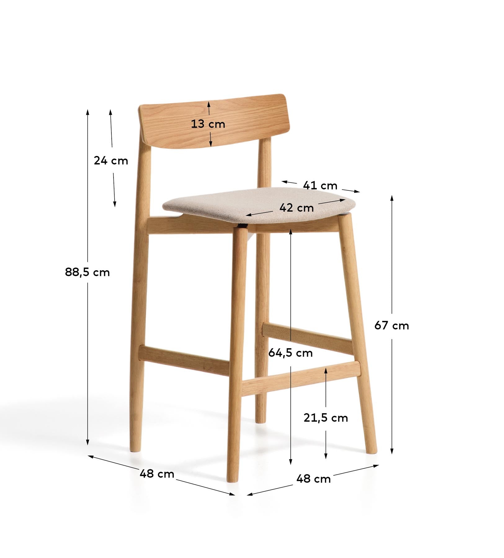 Hocker Evera mit Rückenlehne aus Eichenfurnier mit naturfarbenem Finish und beiger Chenille, 65 cm in Braun präsentiert im Onlineshop von KAQTU Design AG. Barhocker ist von Kave Home