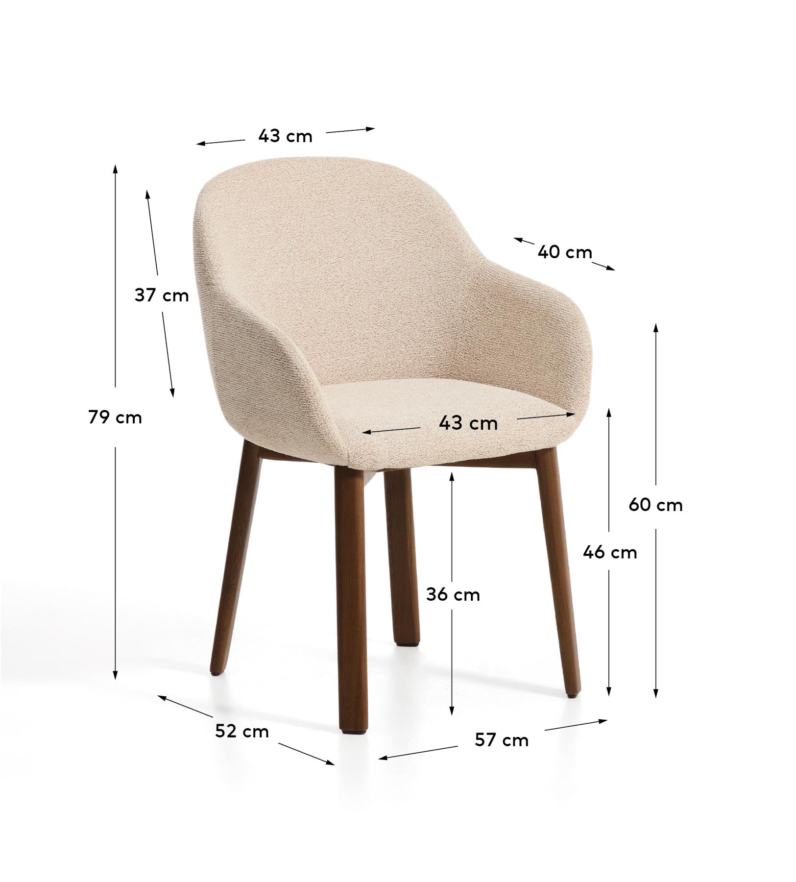 Armlehnenstuhl Meila mit beiger Chenille und Beinen aus massivem Eschenholz mit Nussbaumfinish in Beige präsentiert im Onlineshop von KAQTU Design AG. Stuhl mit Armlehne ist von Kave Home