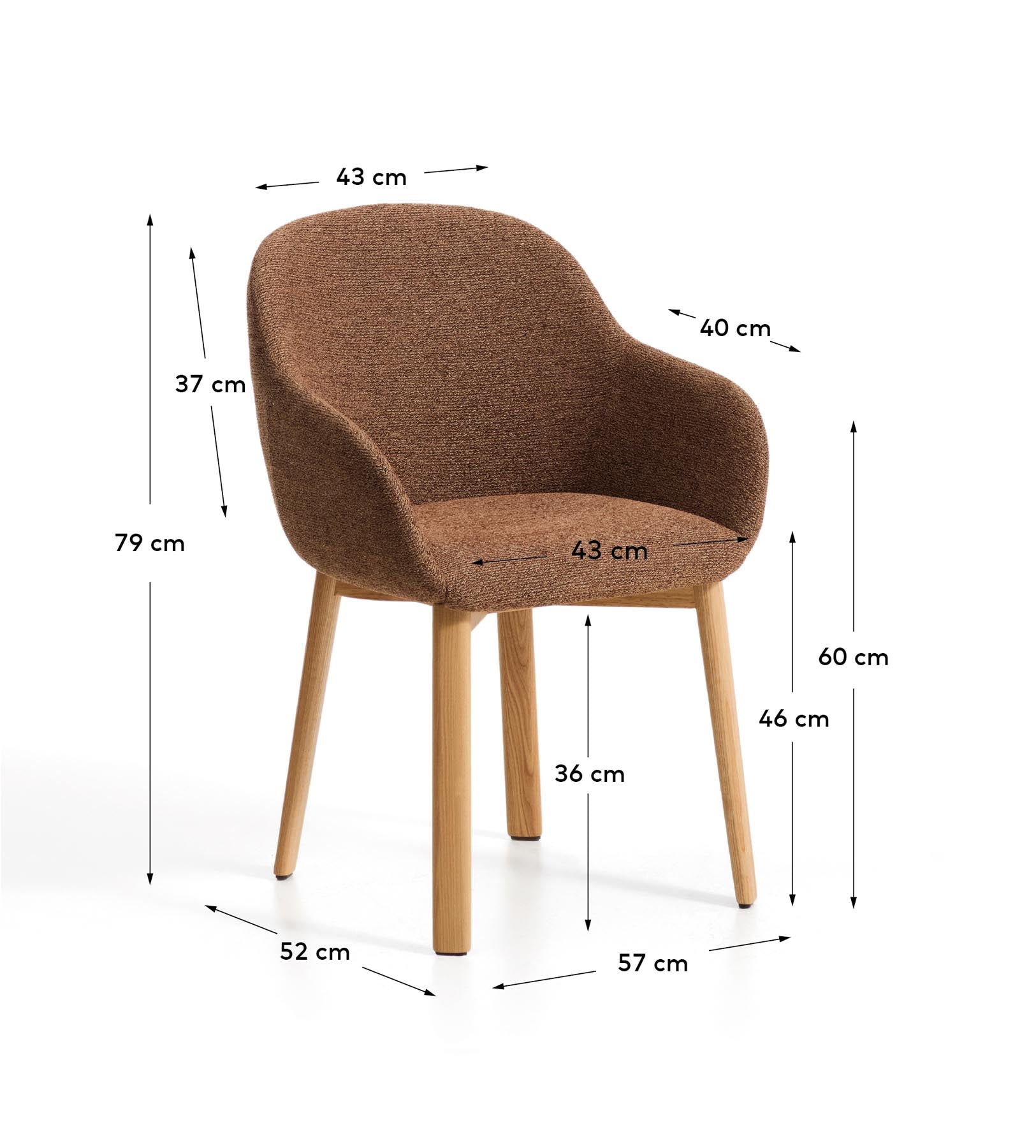 Armlehnenstuhl Meila mit terrakottafarbener Chenille und Beinen aus massivem Eschenholz mit naturfarbenem Finish  in Terrakotta präsentiert im Onlineshop von KAQTU Design AG. Stuhl mit Armlehne ist von Kave Home