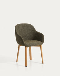 Fauteuil Meila ignifugé avec chenille verte et pieds en bois de frêne massif avec finition naturelle