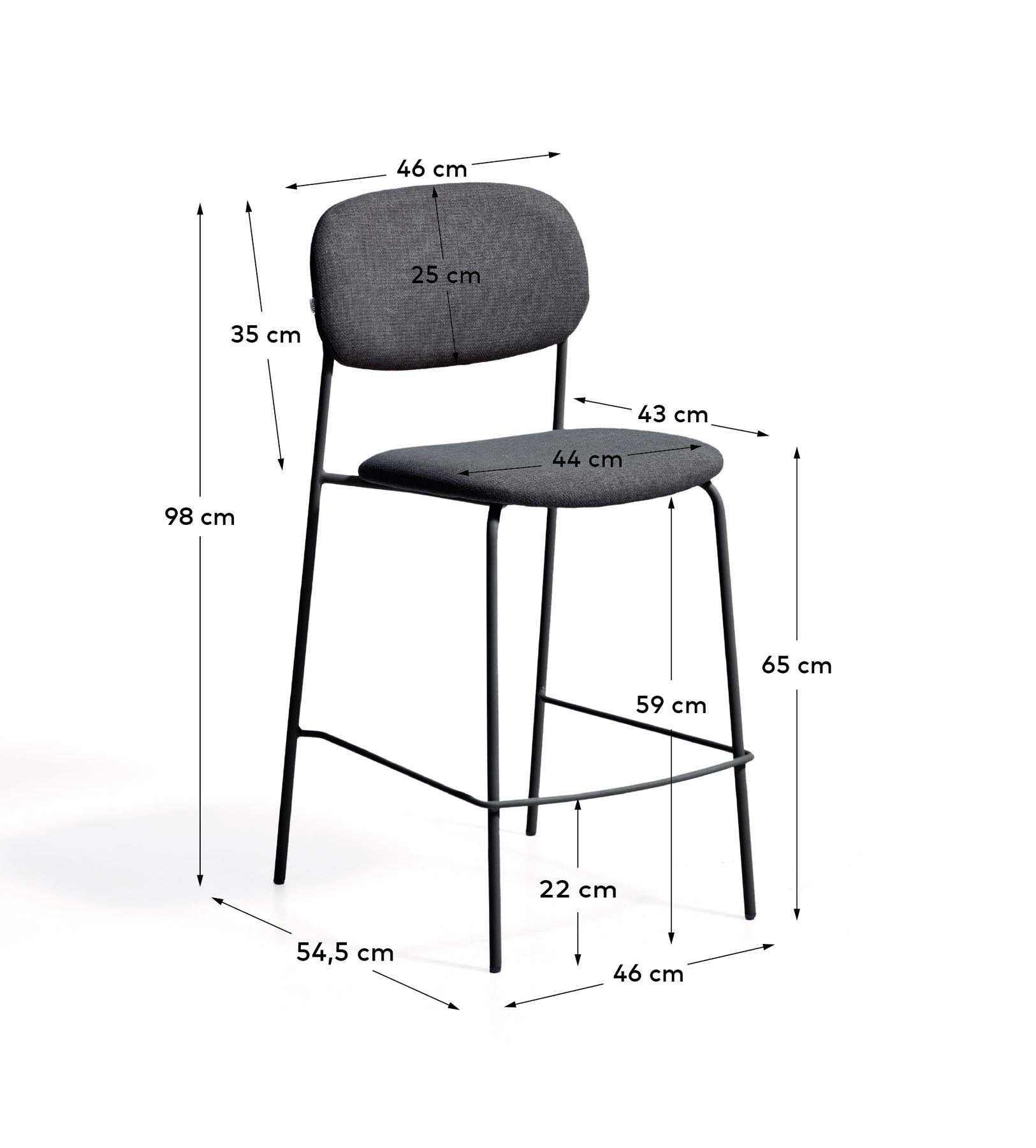 Stapelbarer Hocker Meli mit grauer Chenille und Beinen aus grauem Metall, FSC Mix Credit, 65 cm in Grau präsentiert im Onlineshop von KAQTU Design AG. Barhocker ist von Kave Home