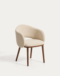 Maina chair made of beige thick chenille with legs made of solid ash wood in a walnut look, FSC Mix Credit