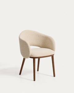Maina chair made of beige thick chenille with legs made of solid ash wood in a walnut look, FSC Mix Credit
