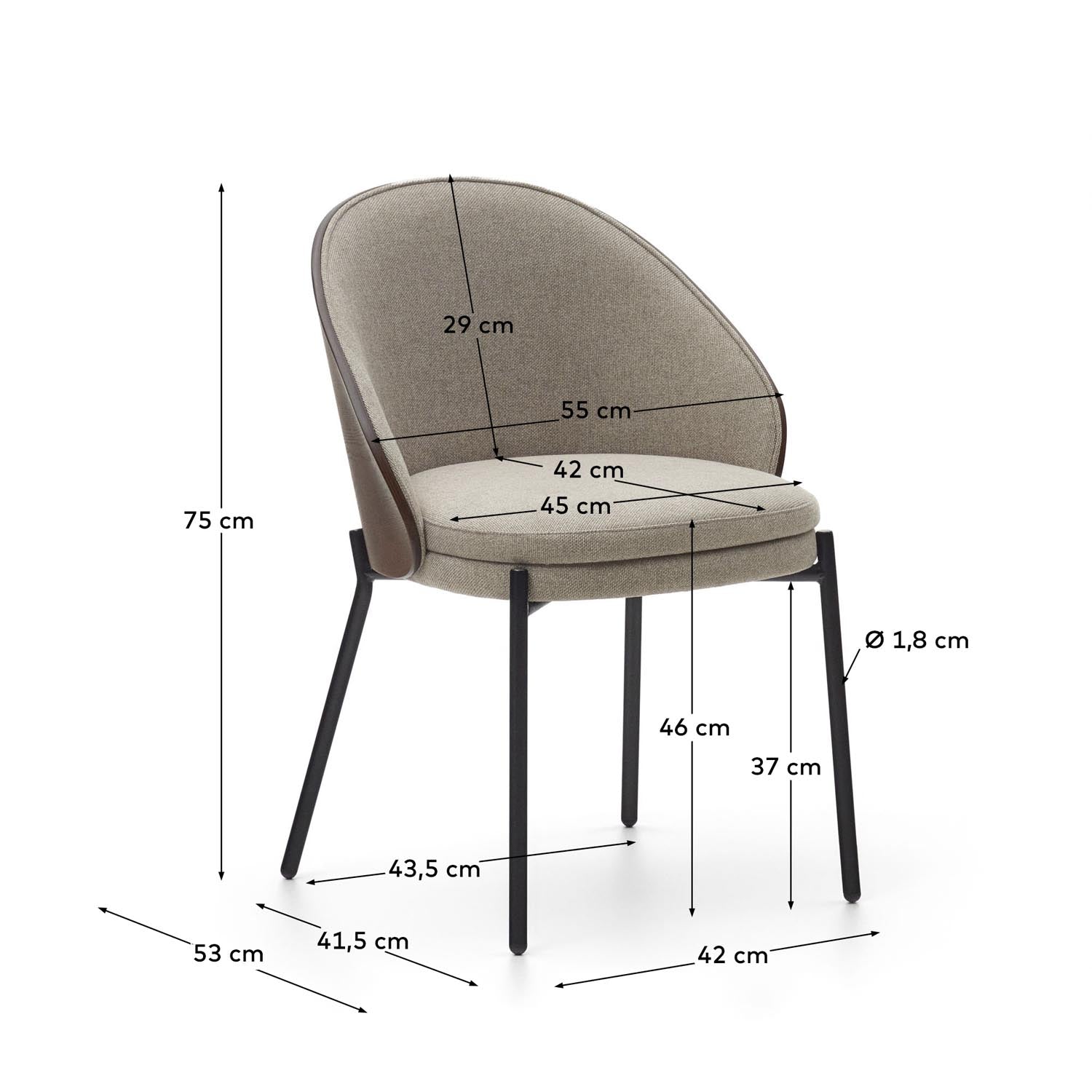 Eamy Stuhl: Eleganter Komfort mit hellbraunem Chenille-Bezug und robustem Wenge-Furnier. Ideal für modernes Wohnen.