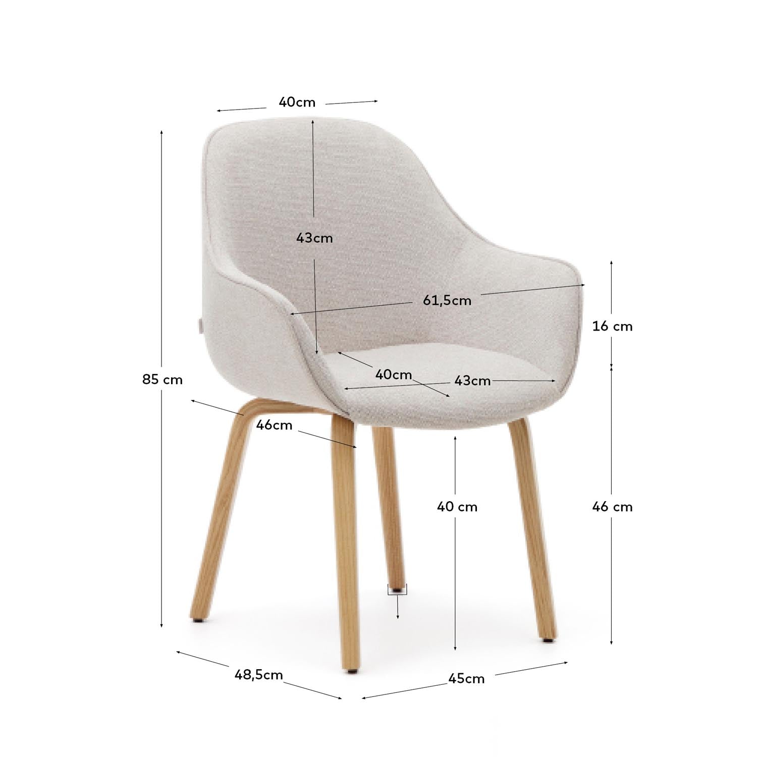 Eleganter Aleli Stuhl in Beige mit Chenille-Bezug und stabilen Eschenholzbeinen. Ideal für modernes Wohnen und höchsten Komfort.