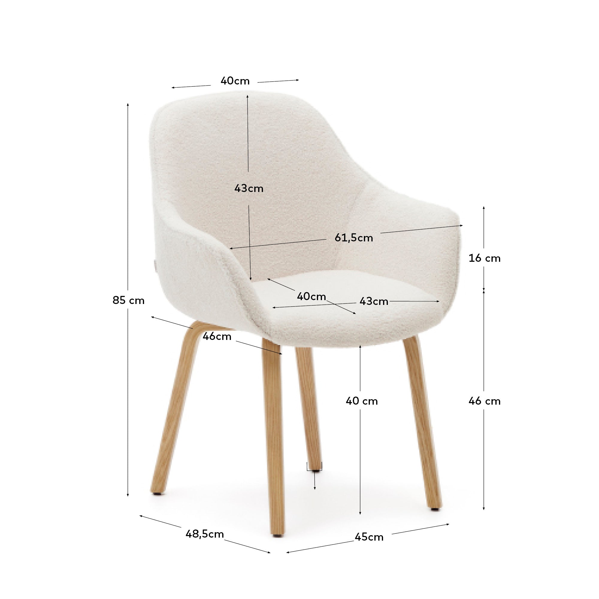 Moderner Aleli Stuhl mit weißem Bouclé-Stoff und stabilen Beinen aus massivem Eschenholz mit natürlichem Finish von Kave Home.