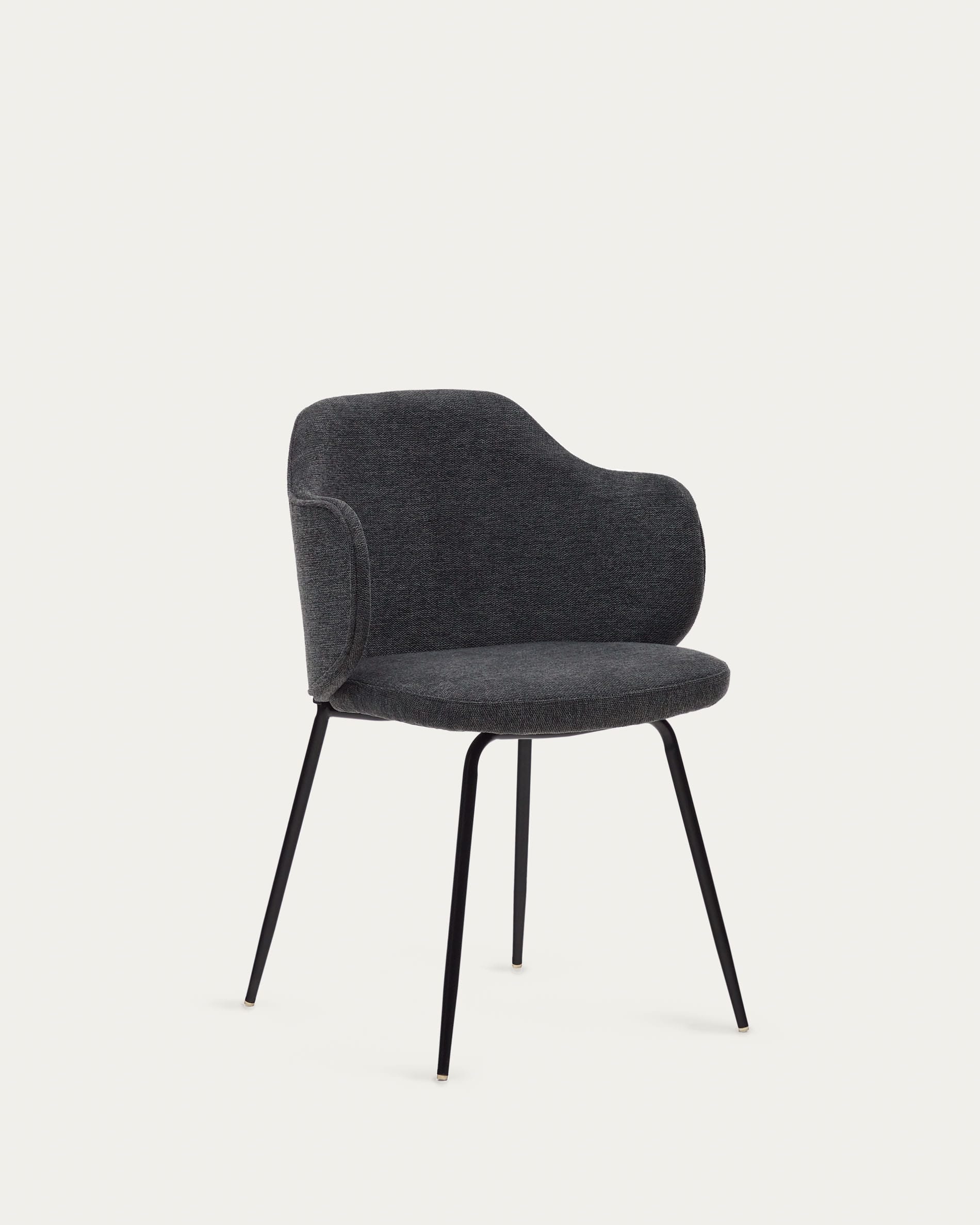 3D-Modell des Yunia Stuhls: Dunkelgrau, ergonomisch, schwarze Stahlbeine, modern, ideal für stilvolle Esszimmer.