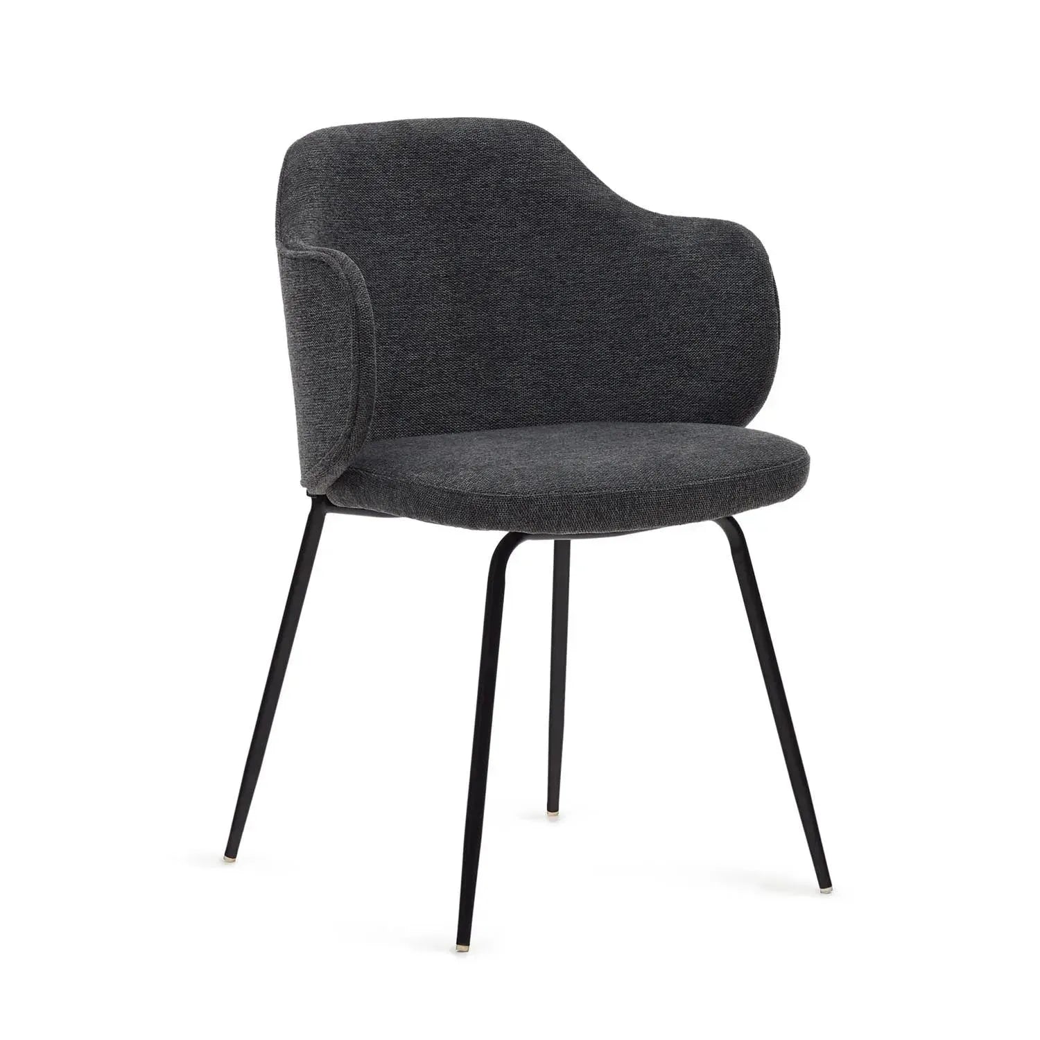 3D-Modell des Yunia Stuhls: Dunkelgrau, ergonomisch, schwarze Stahlbeine, modern, ideal für stilvolle Esszimmer.