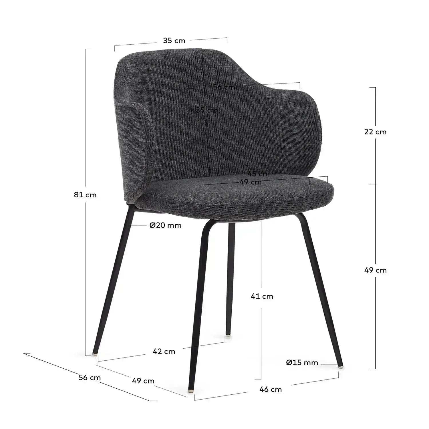 Yunia Stuhl: Dunkelgrau, schwarze Stahlbeine, zeitloser Chic.