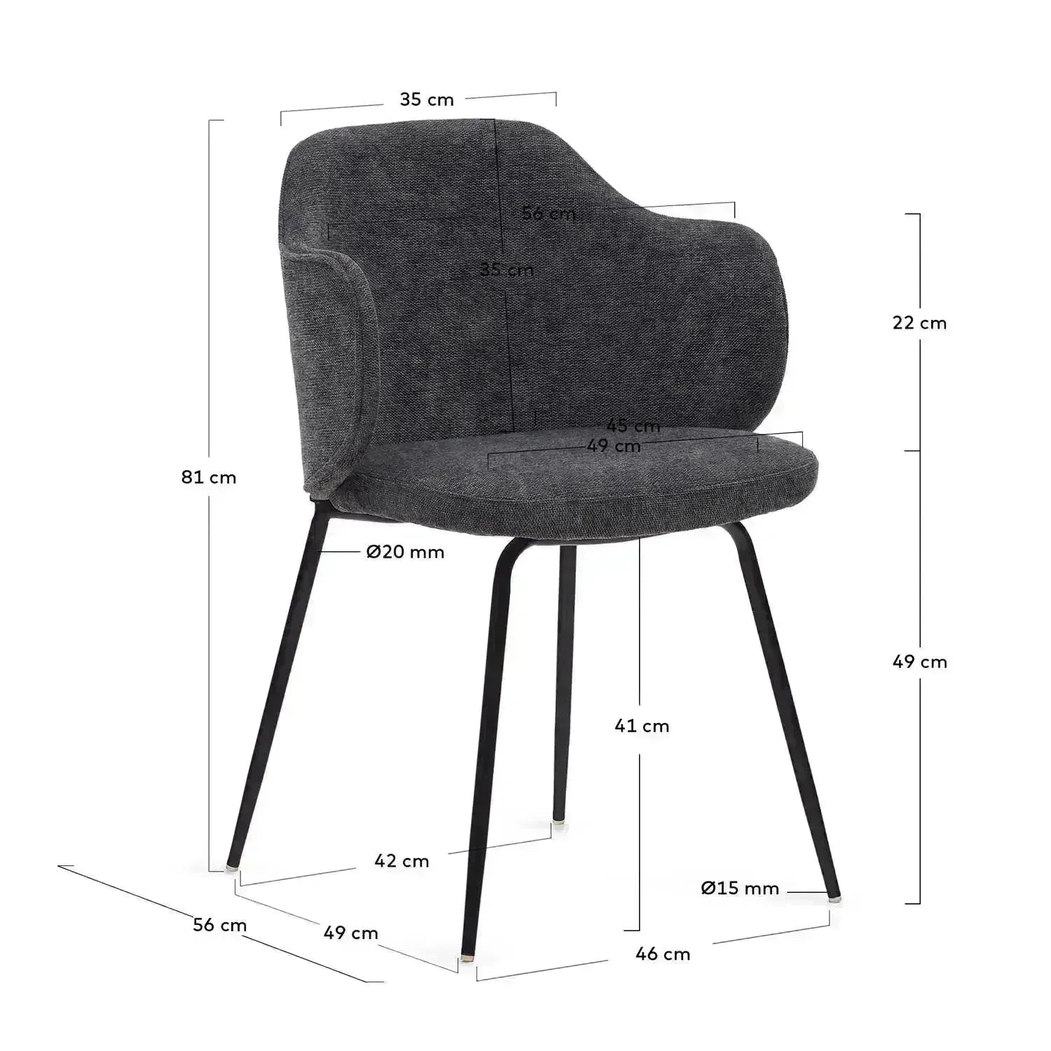 Yunia Stuhl: Dunkelgrau, schwarze Stahlbeine, zeitloser Chic.