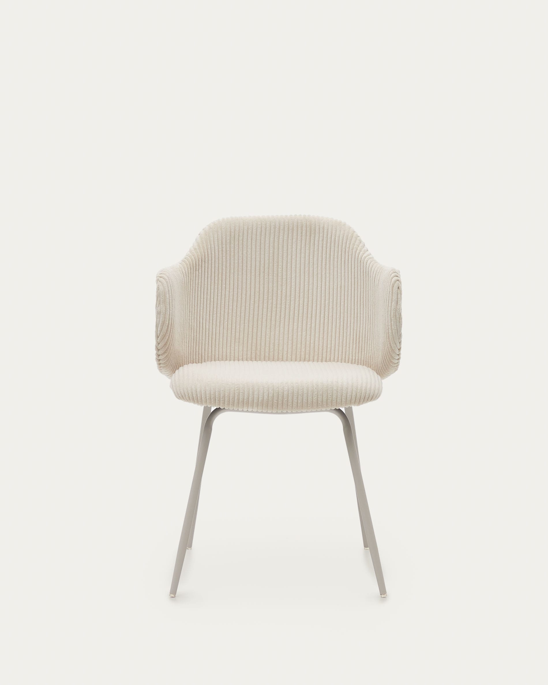 3D-Modell des Yunia Stuhls: Beiger Cordbezug, beige Stahlbeine, hoher Komfort, ideal für moderne Esszimmer.