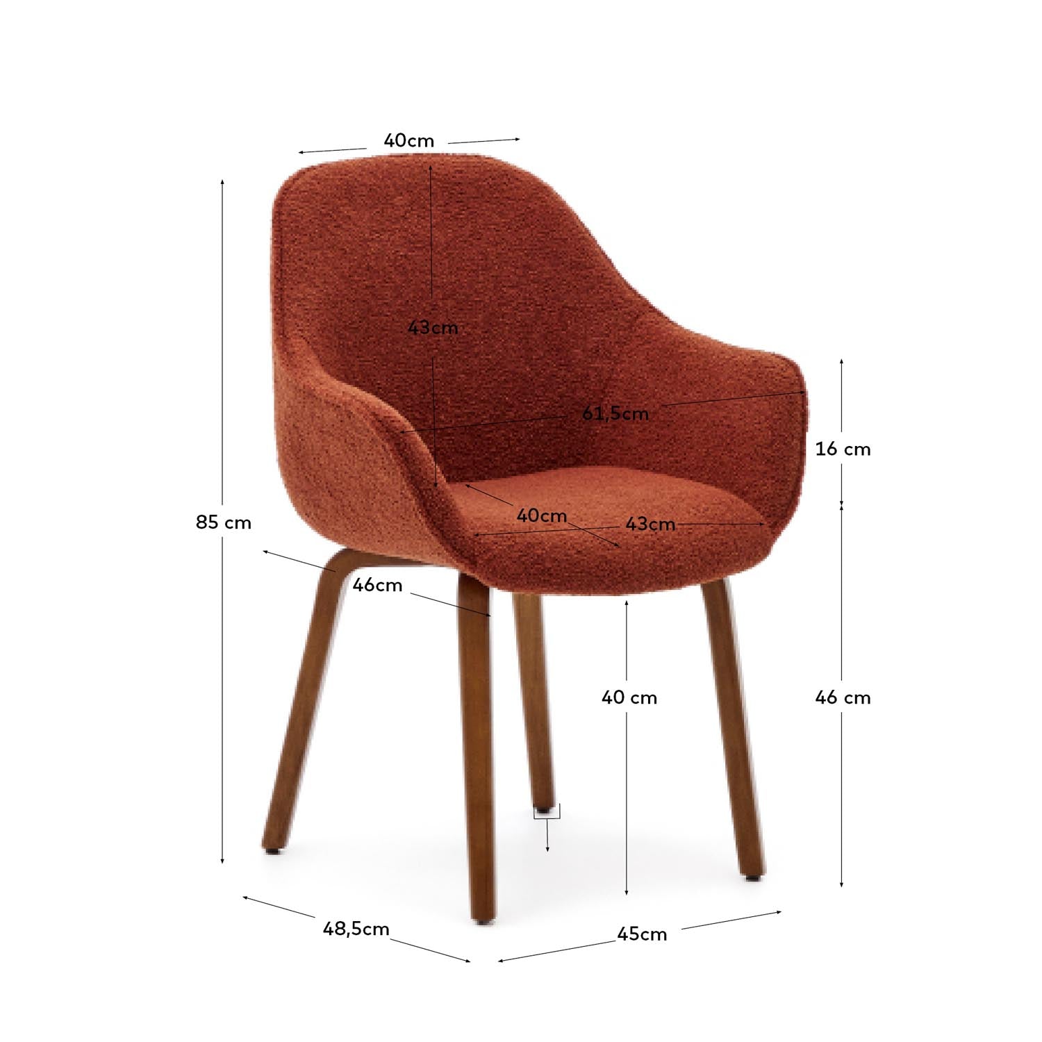 Moderner Aleli Stuhl in einladendem Terrakotta-Bouclé, mit robusten Eschenholzbeinen und elegantem Nussholz-Finish – perfekt für jedes Zuhause.