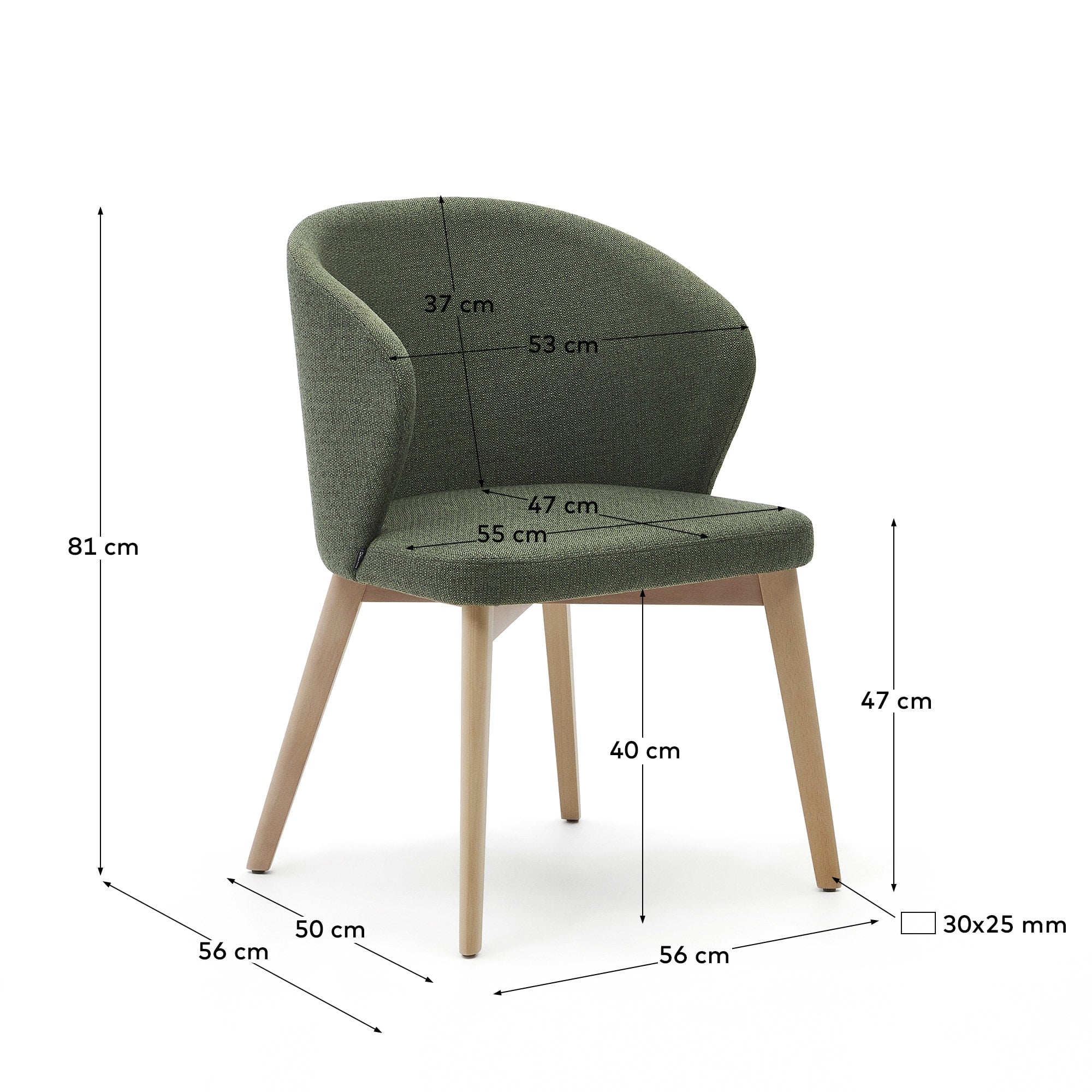 Eleganter Stuhl mit grünem Chenillebezug und FSC-zertifiziertem Buchenholz in natürlichem Finish, modern und umweltfreundlich.