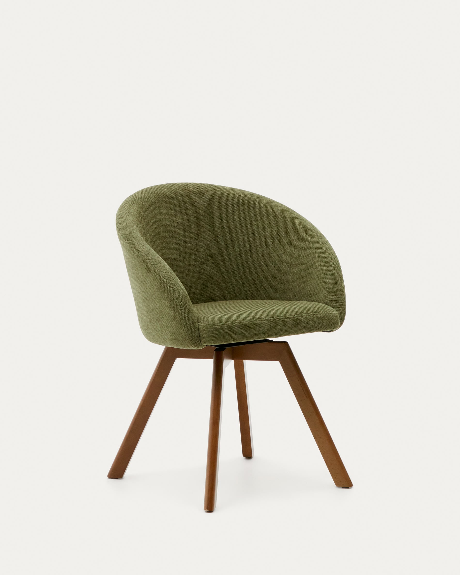 3D-Modell: Marvin Drehstuhl, grüne Chenille, Buchenholzbeine mit Nussholzfinish, elegant und komfortabel für Büro oder Wohnzimmer.