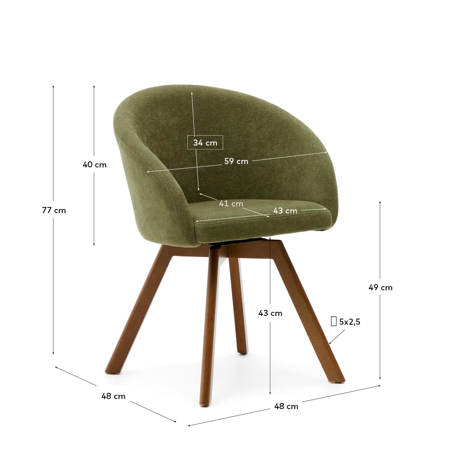 Marvin Drehstuhl von Kave Home: Eleganter Stuhl mit grüner Chenille und stabilen Buchenholzbeinen, ideal für stilvolle Büros und Wohnzimmer.