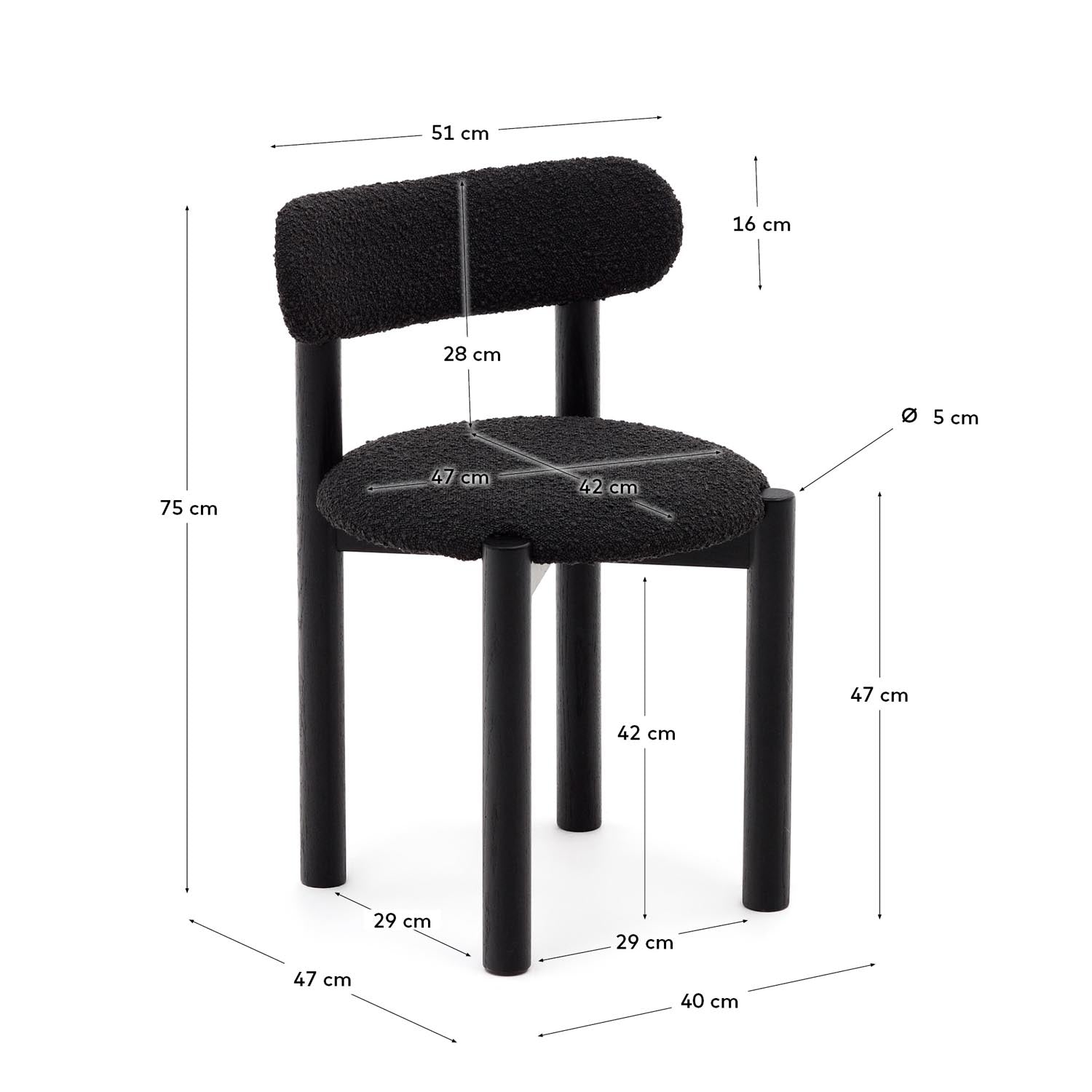 Eleganter Nebai Stuhl aus schwarzem Bouclé und robustem Eichenholz mit stilvollem Finish. Ideal für ein modernes Esszimmer.