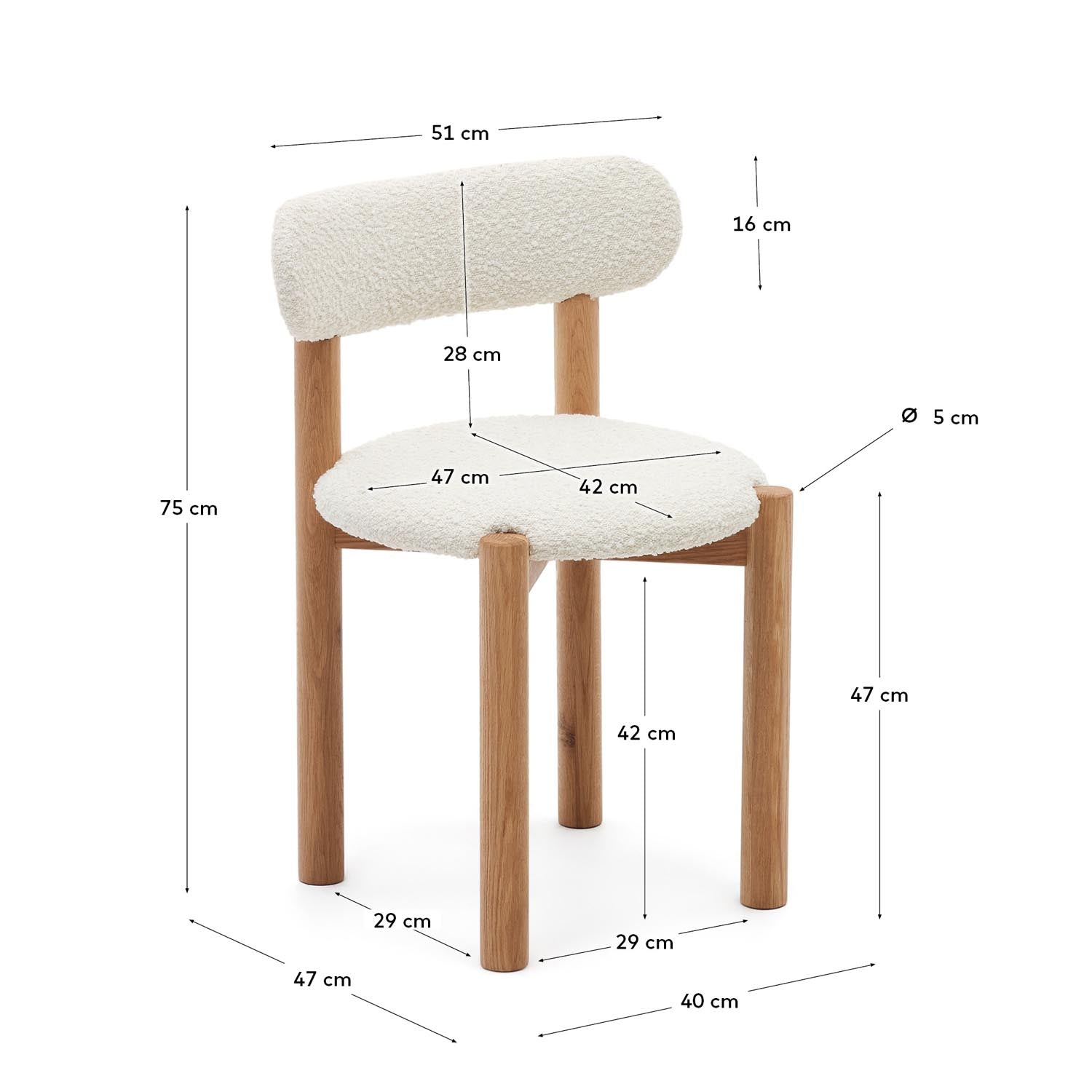 Entdecke den eleganten Nebai Stuhl aus weißem Bouclé und massivem Eichenholz – ein zeitloses Design für jedes Zuhause.