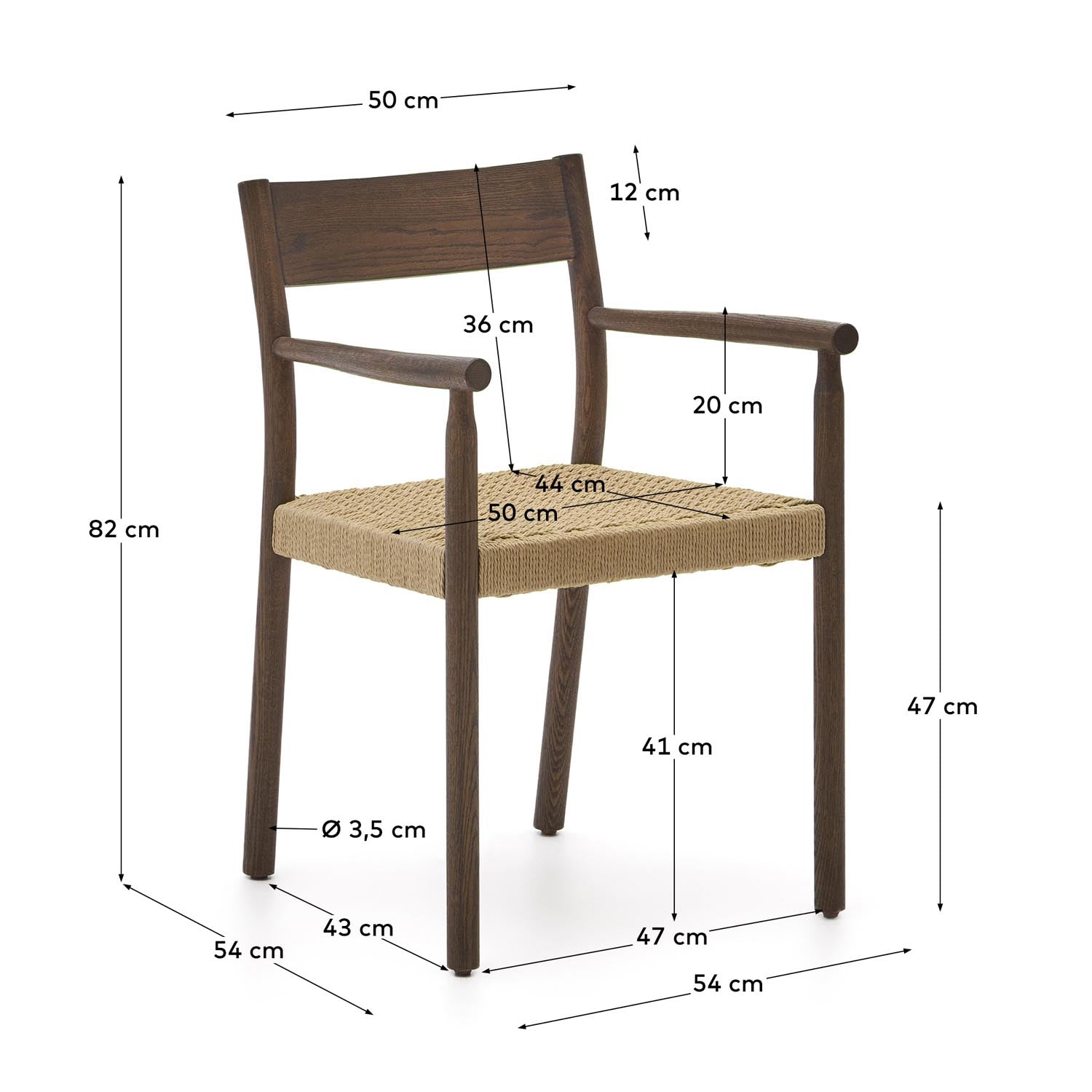 Stuhl Yalia aus massiver Eiche mit Nussbaum-Finish und Sitz aus Seil FSC 100% in Natur, Braun präsentiert im Onlineshop von KAQTU Design AG. Stuhl mit Armlehnen ist von Kave Home