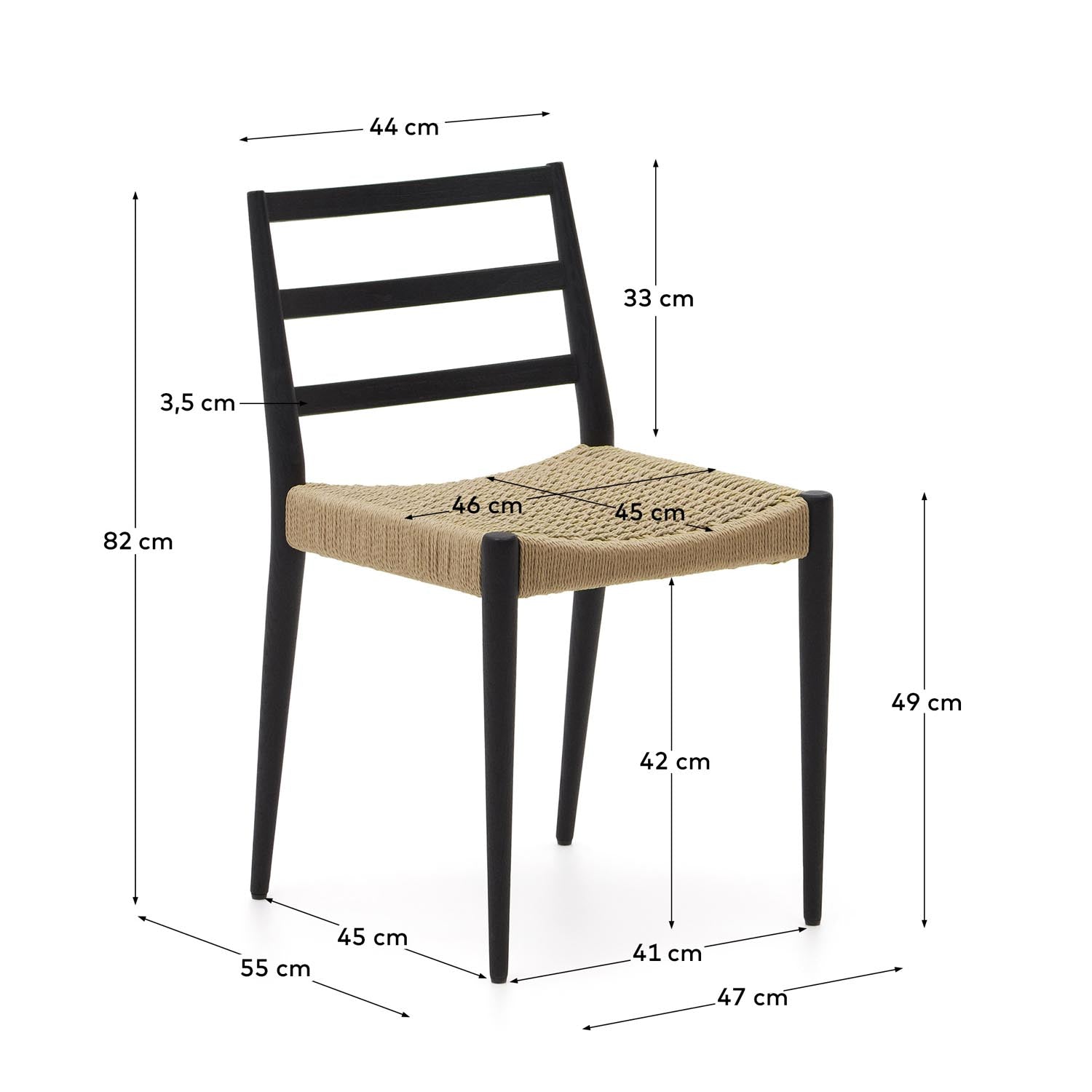 Stylischer Analy Stuhl aus massiver Eiche mit modernem schwarzem Finish und atmungsaktivem Seilsitz. Perfekt für jedes Zuhause!