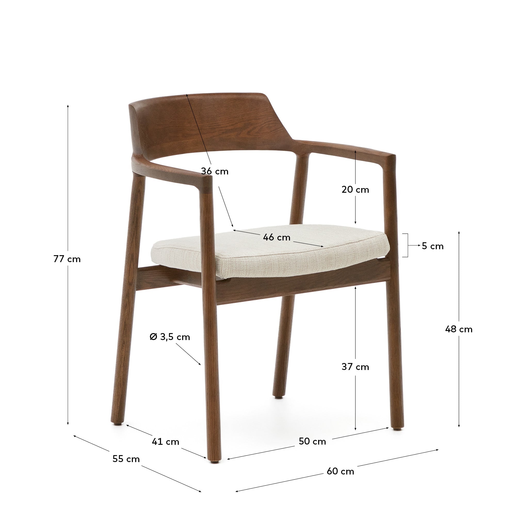 Eleganter Alocs Stuhl mit pflegeleichtem Chenille-Bezug in Beige und robustem Eichenholz im Nussbaum-Finish, ideal für stilvolle Interiors.