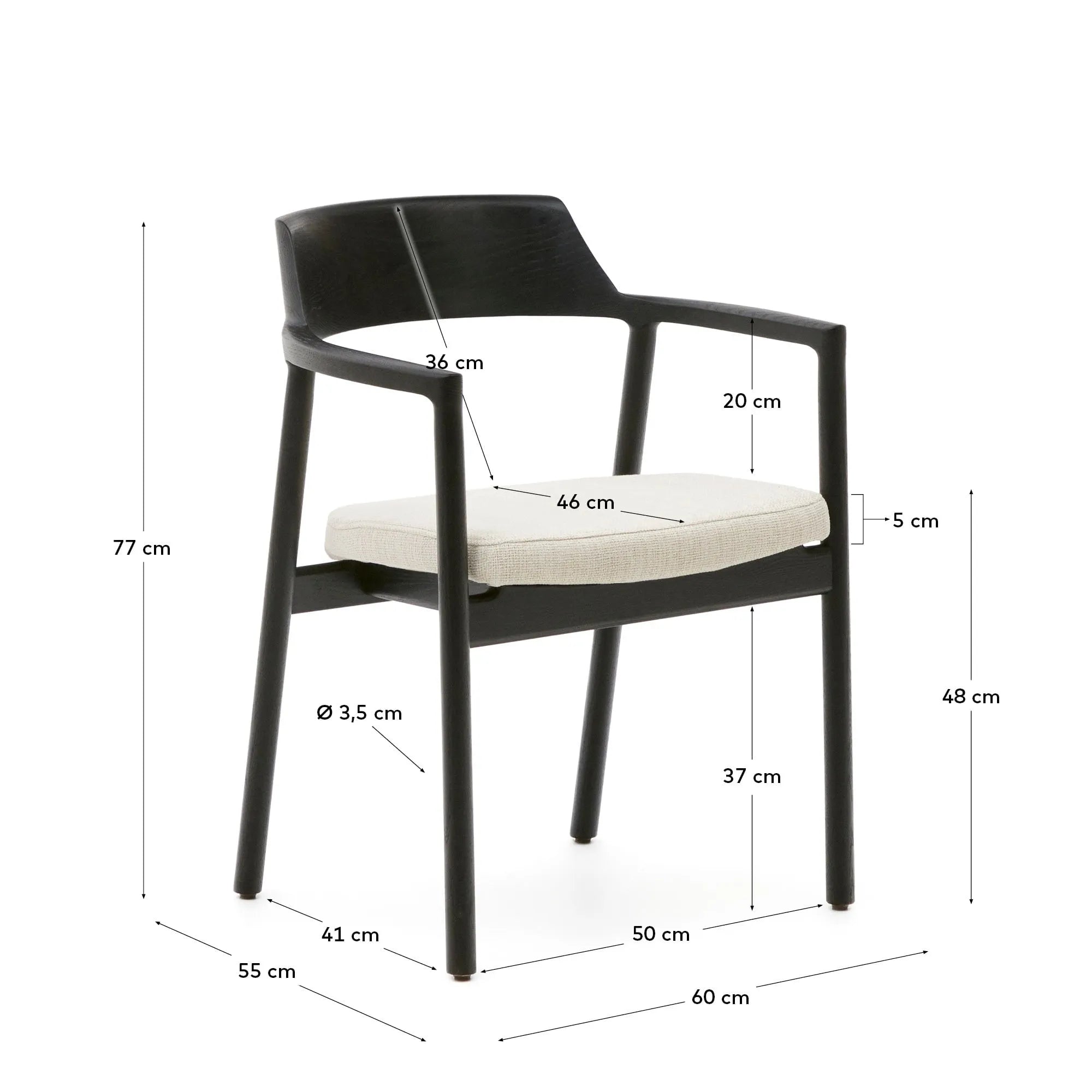 Moderner Alocs Stuhl mit beigem Chenille-Bezug, abnehmbar, aus FSC-zertifizierter massiver Eiche mit schwarzem Finish, stilvoll.