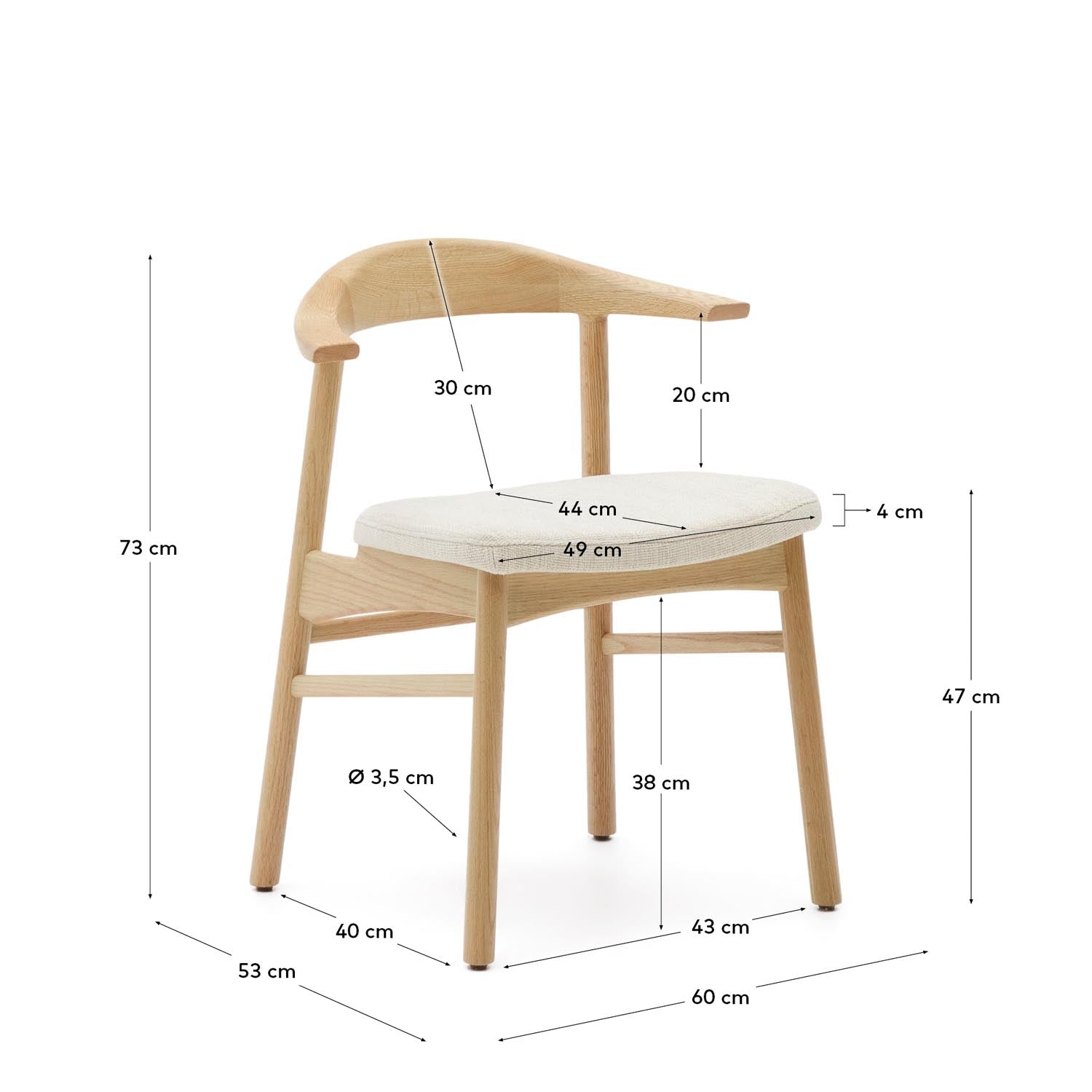 Stilvoller Timons Stuhl in Beige aus Chenille, massive Eiche mit natürlichem Finish. Abnehmbarer Bezug, nachhaltig produziert und ideal für jedes Zuhause.