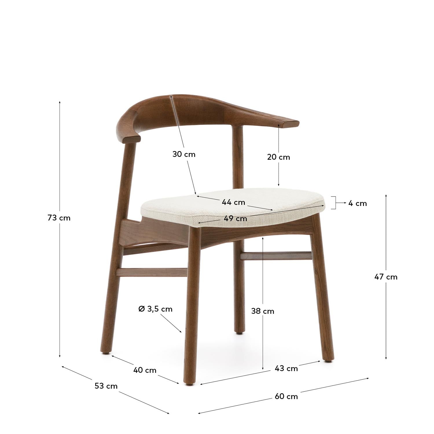 Timons Stuhl vereint elegantes Design mit Funktionalität: abnehmbarer Chenille-Bezug in Beige, massives Eichenholz mit Nussbaum-Finish.