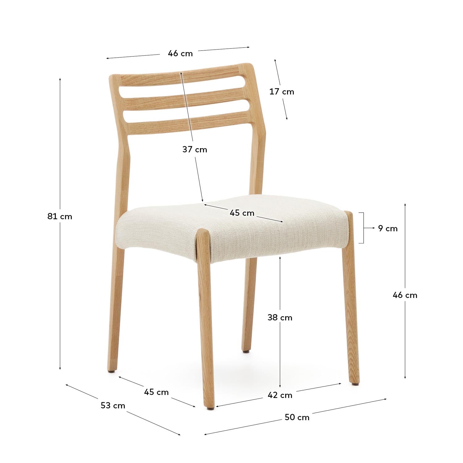 Cudia Stuhl in warmem Beige, abnehmbarer Chenille-Bezug, massives Eichenholz, skandinavisches Design, nachhaltig und komfortabel.