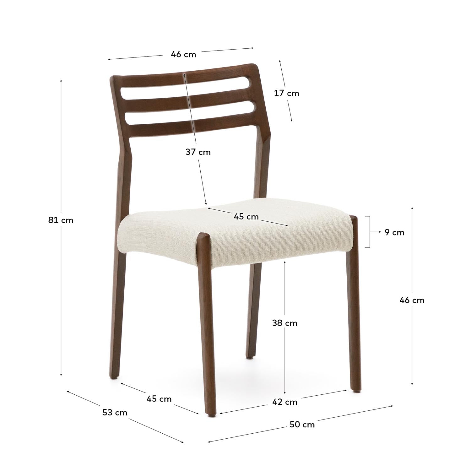 Cudia Stuhl in elegantem Beige aus Chenille, massives Eichenholz mit Nussbaum-Finish. Ideal für modernes Wohnen, abnehmbarer Bezug für einfache Pflege.