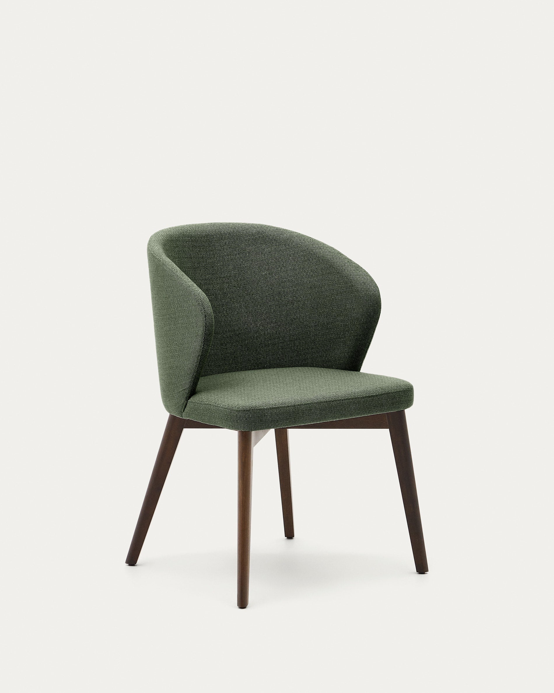 3D-Modell: Eleganter Stuhl aus grüner Chenille, massives Buchenholz mit Nussbaum-Finish, ideal für stilvolle Esszimmer.