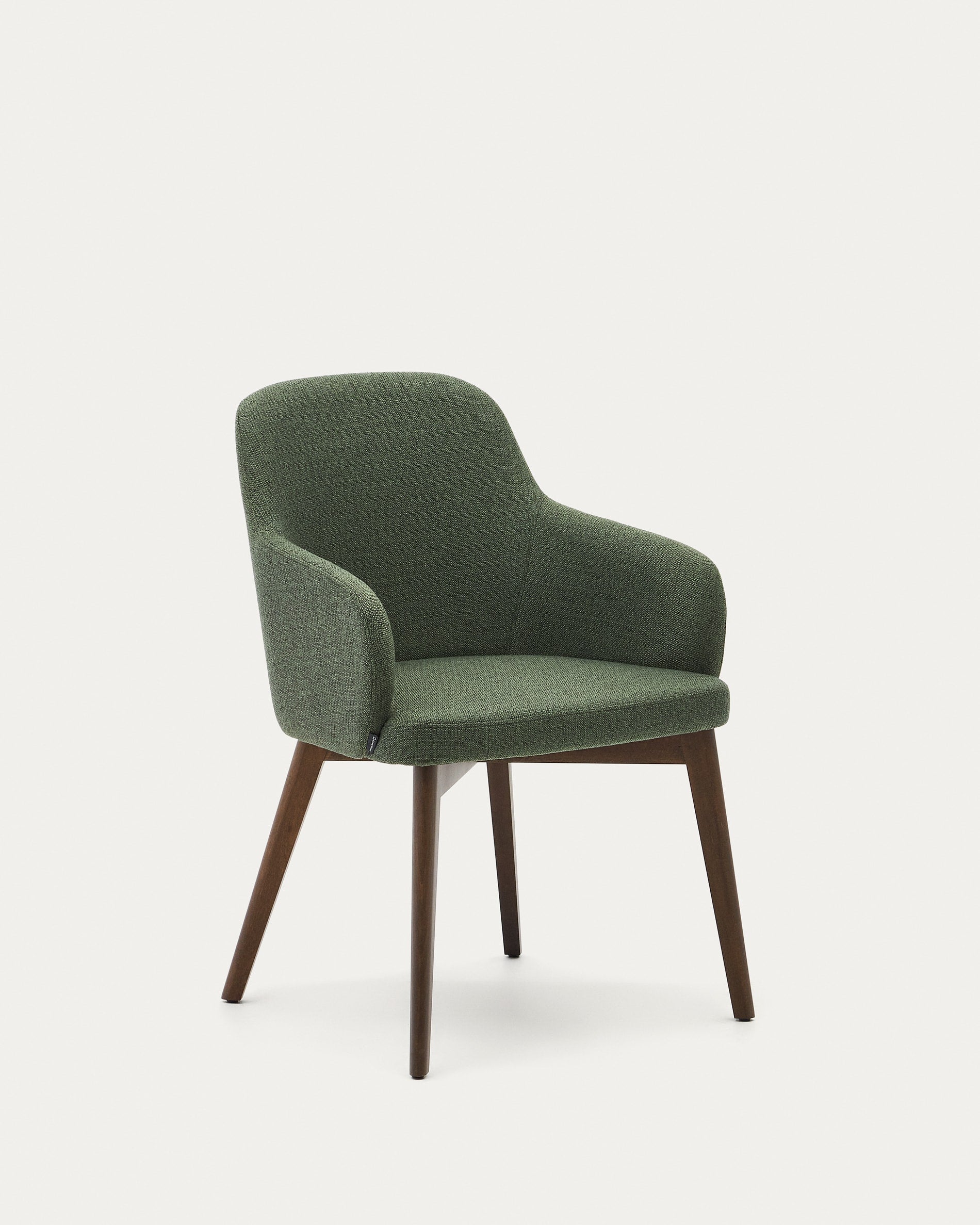 3D-Modell des Nelida Stuhls: grüner Chenillebezug, Buchenholz mit Nussbaum-Finish, elegant und komfortabel.