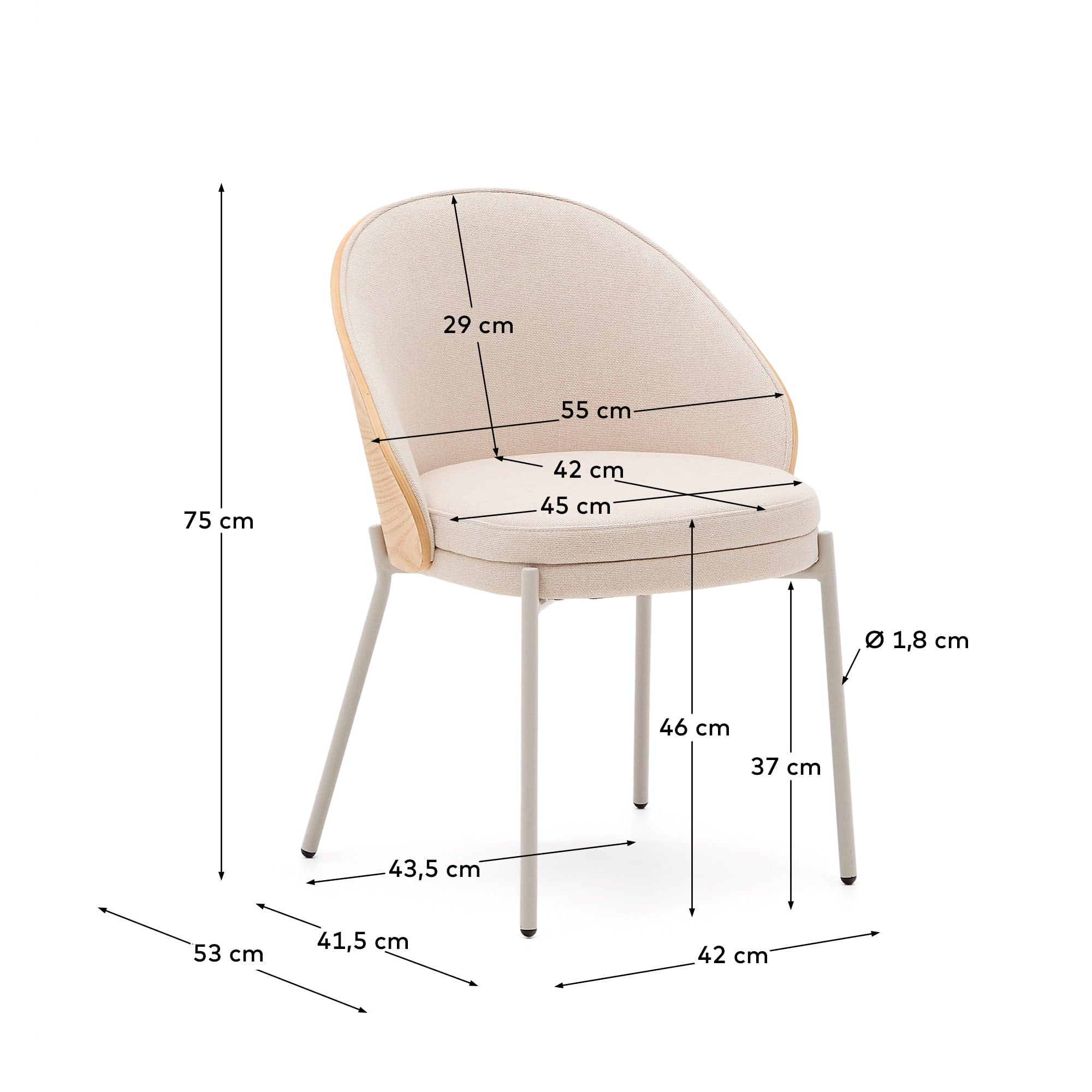 Eleganter Stuhl Eamy mit beigem Chenille-Bezug, natürlichem Eschenfurnier und beigen Metallbeinen, ideal für modernes Wohnen.