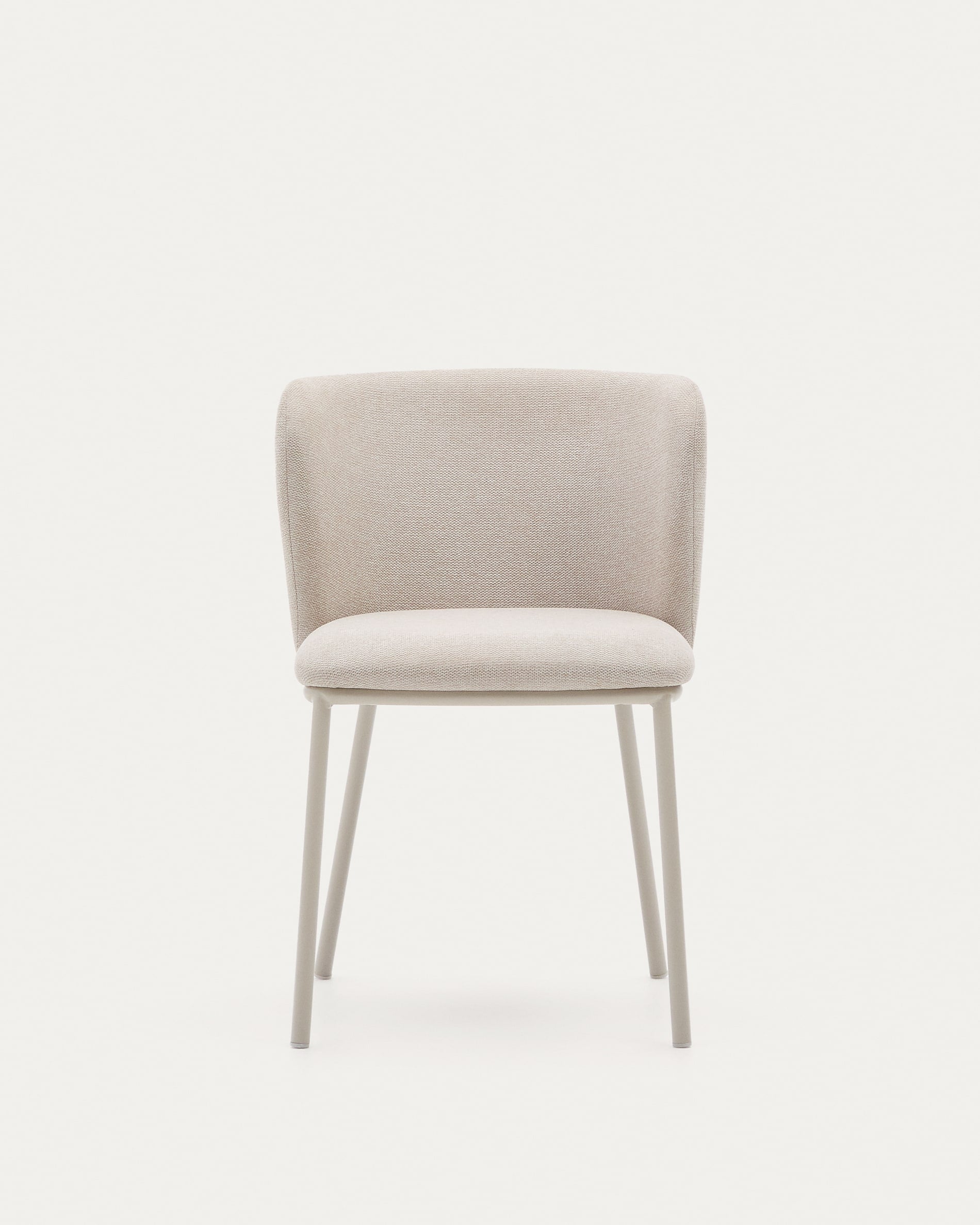 Moderner Stuhl Ciselia aus beigem Chenille und FSC-zertifiziertem Stahl, perfekt für nachhaltige und elegante Wohnräume.