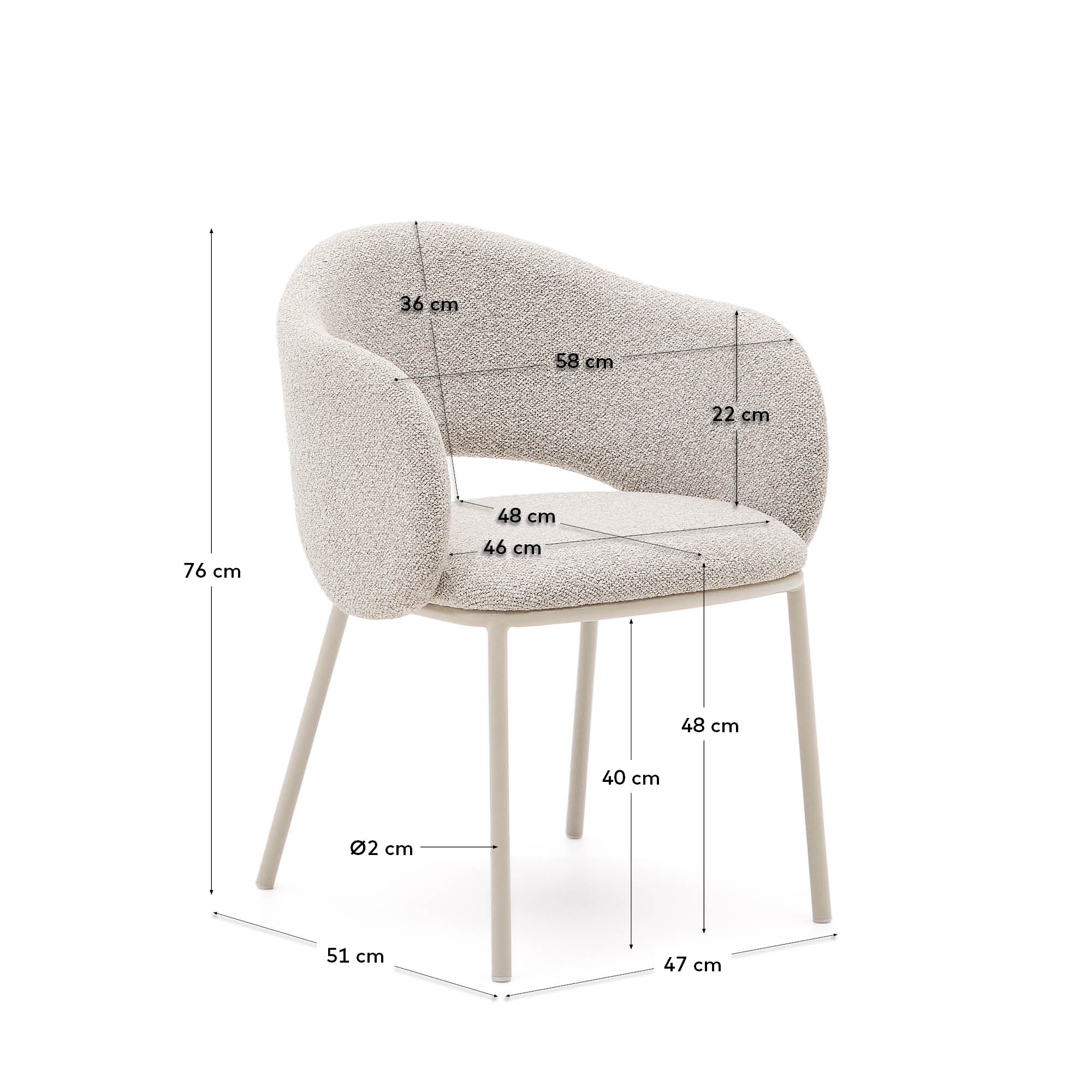 Eleganter Stuhl Maina mit beigem Chenille-Bezug, beigen Stahlbeinen und FSC-zertifiziert, ideal für stilvolles Wohnen.