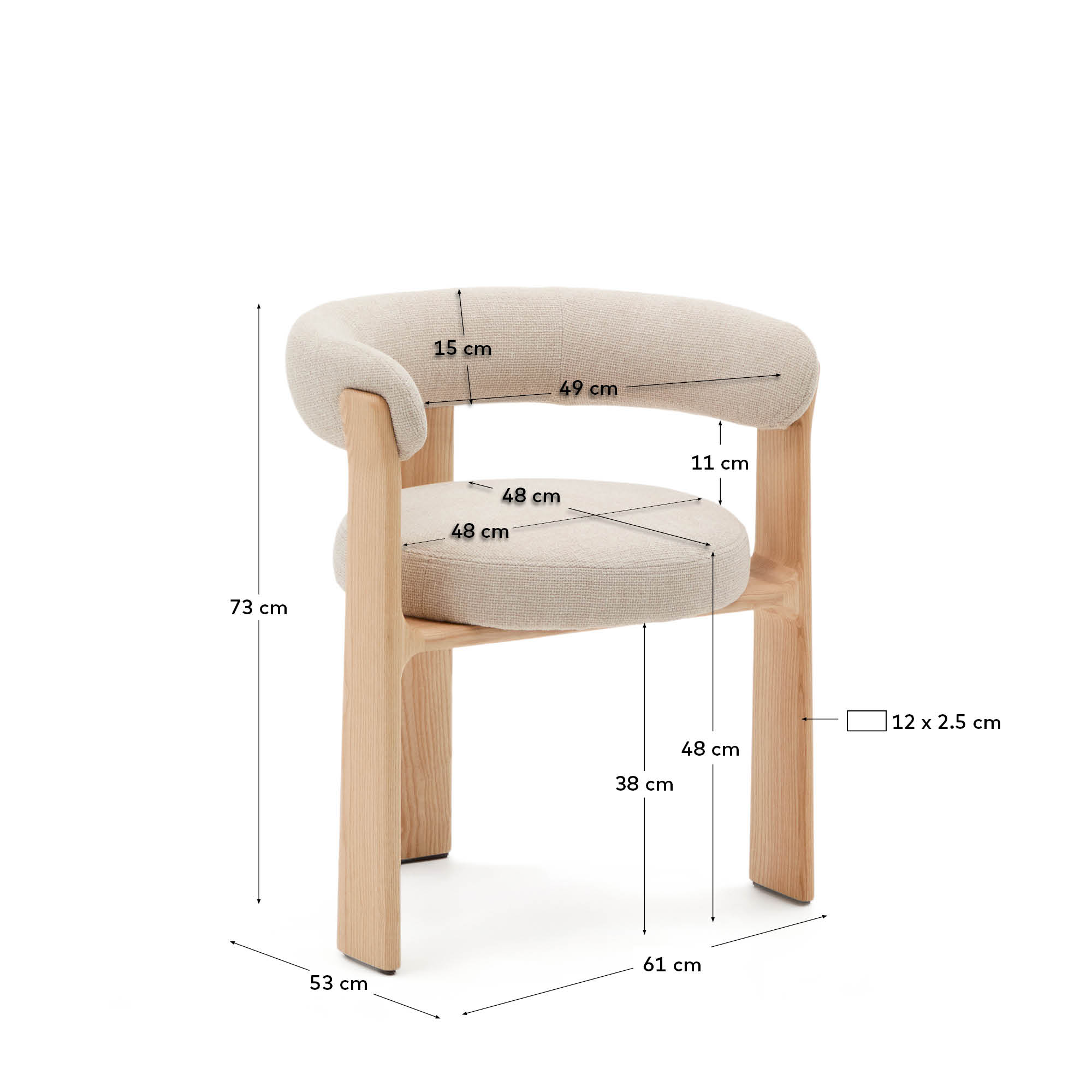 Moderner Stuhl mit 3 Beinen, beige Chenille-Polsterung, massives Eschenholz, natürliches Finish, FSC-zertifiziert, von Kave Home.