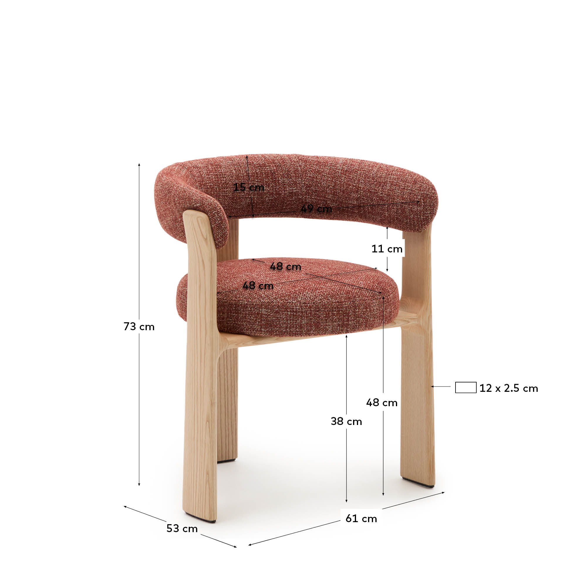 Moderner Stuhl mit 3 Beinen, Terrakotta Chenille-Polsterung, FSC-zertifiziertem Eschenholz und natürlichem Finish von Kave Home.