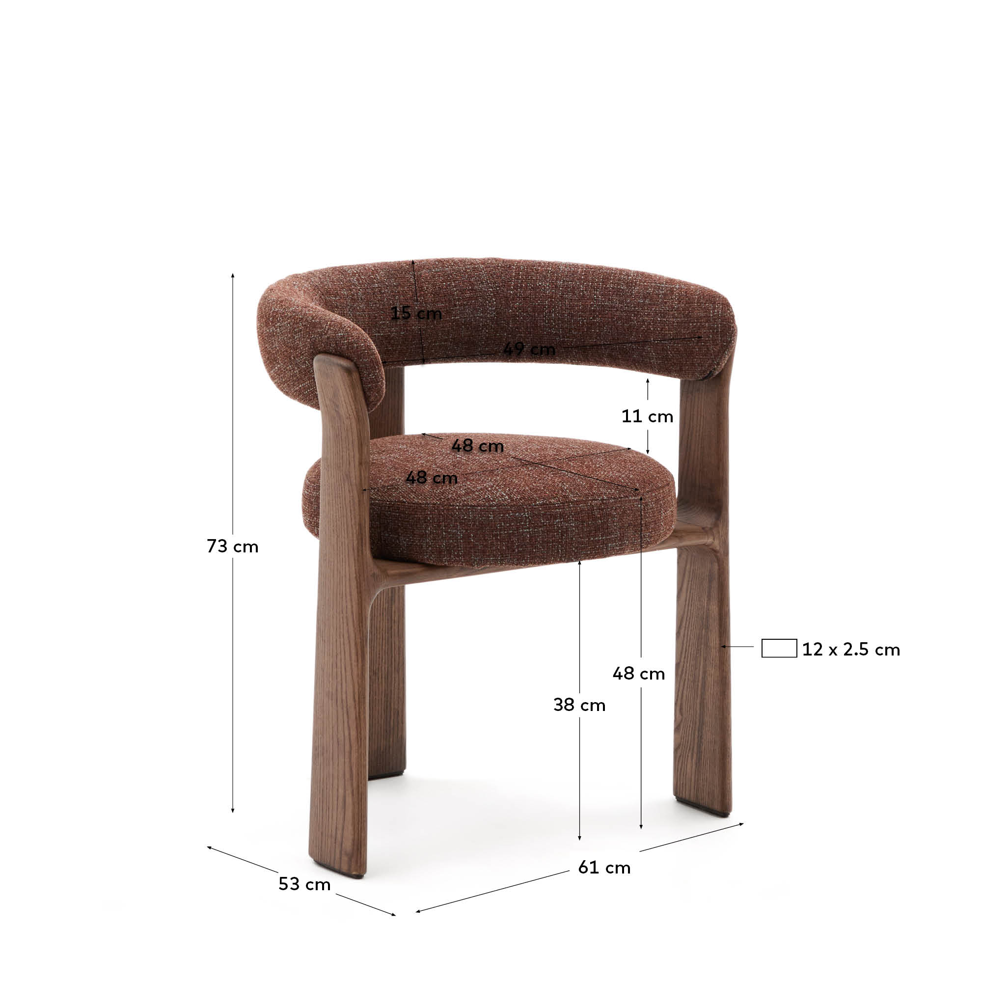 Moderner 3-beiniger Stuhl mit brauner Chenille-Polsterung und FSC-zertifiziertem Eschenholz in Walnuss-Finish, stilvoll und nachhaltig.